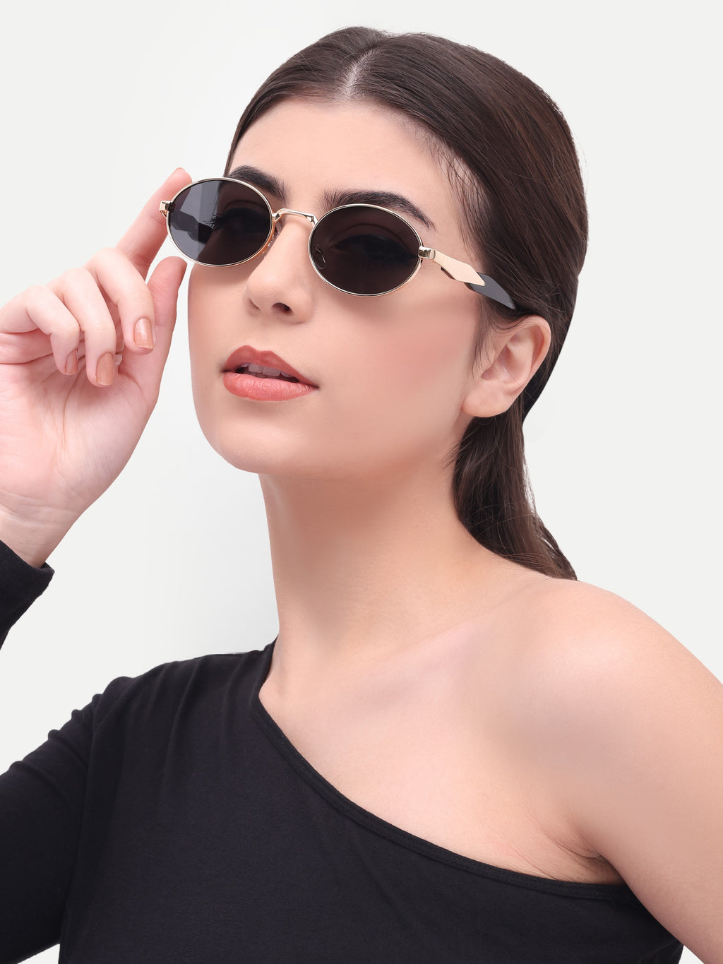 Women's Oval Golden Black UV Protected Sunglasses