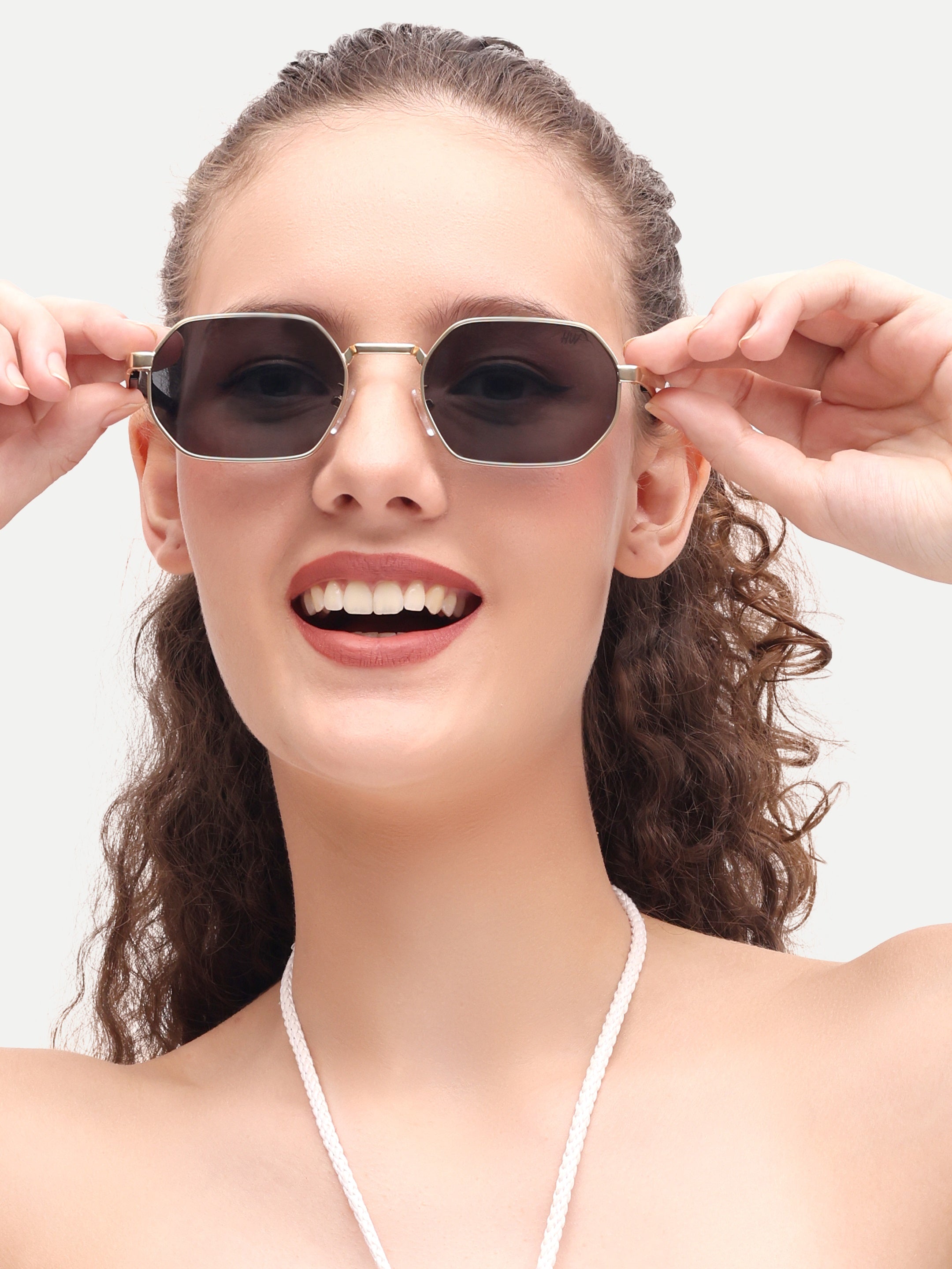 Gold Black Hexagon Women UV Protected Sunglasses