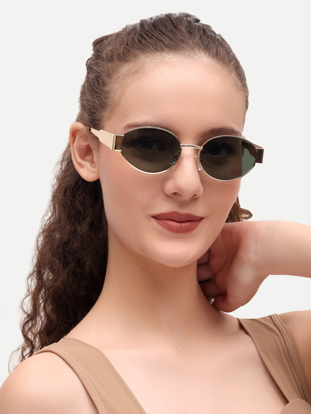 Gold Green Oval Women UV Protected Sunglasses