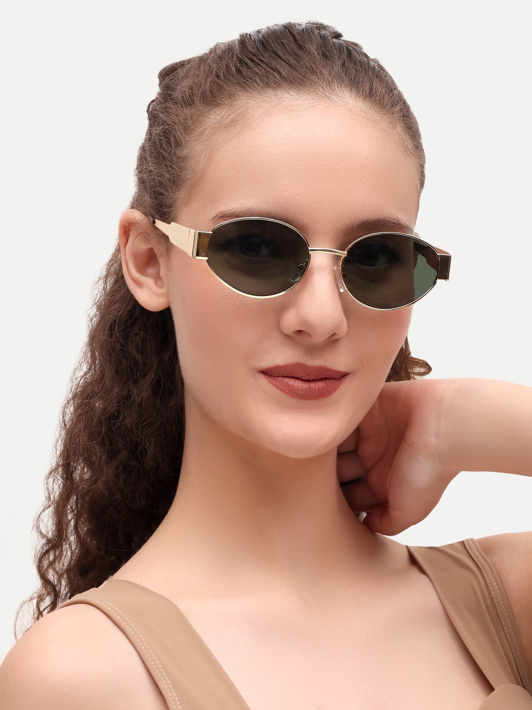 Gold Green Oval Women UV Protected Sunglasses