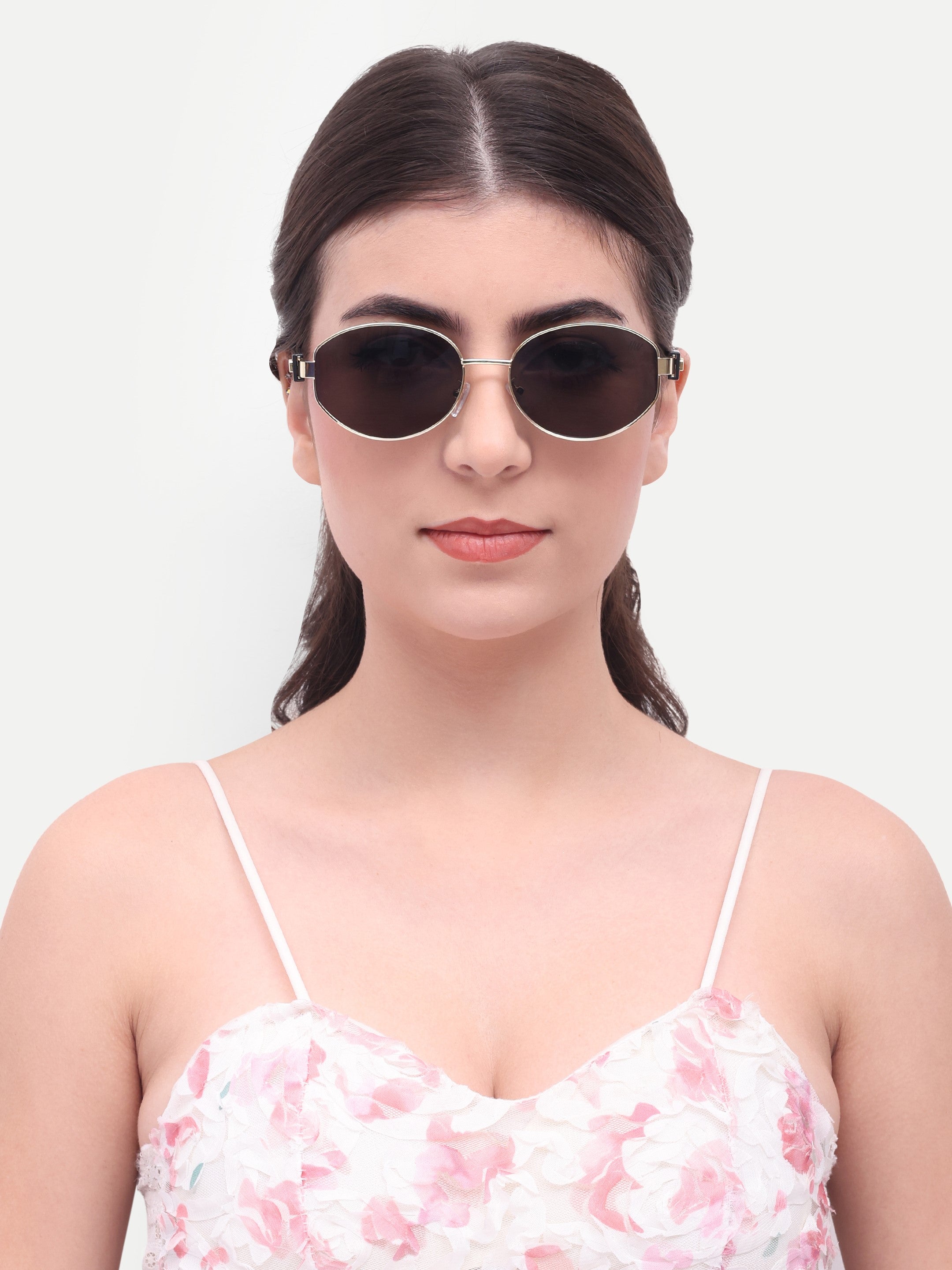 Women's Oval Golden Black UV Protected Sunglasses