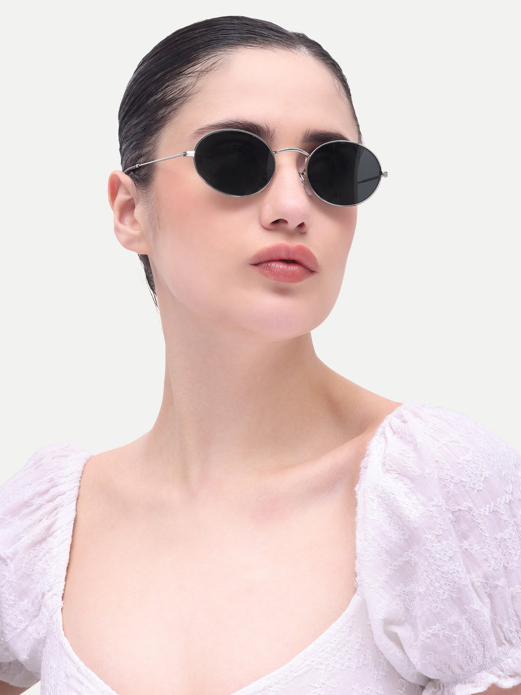 Women's Oval Silver Black Sunglasses