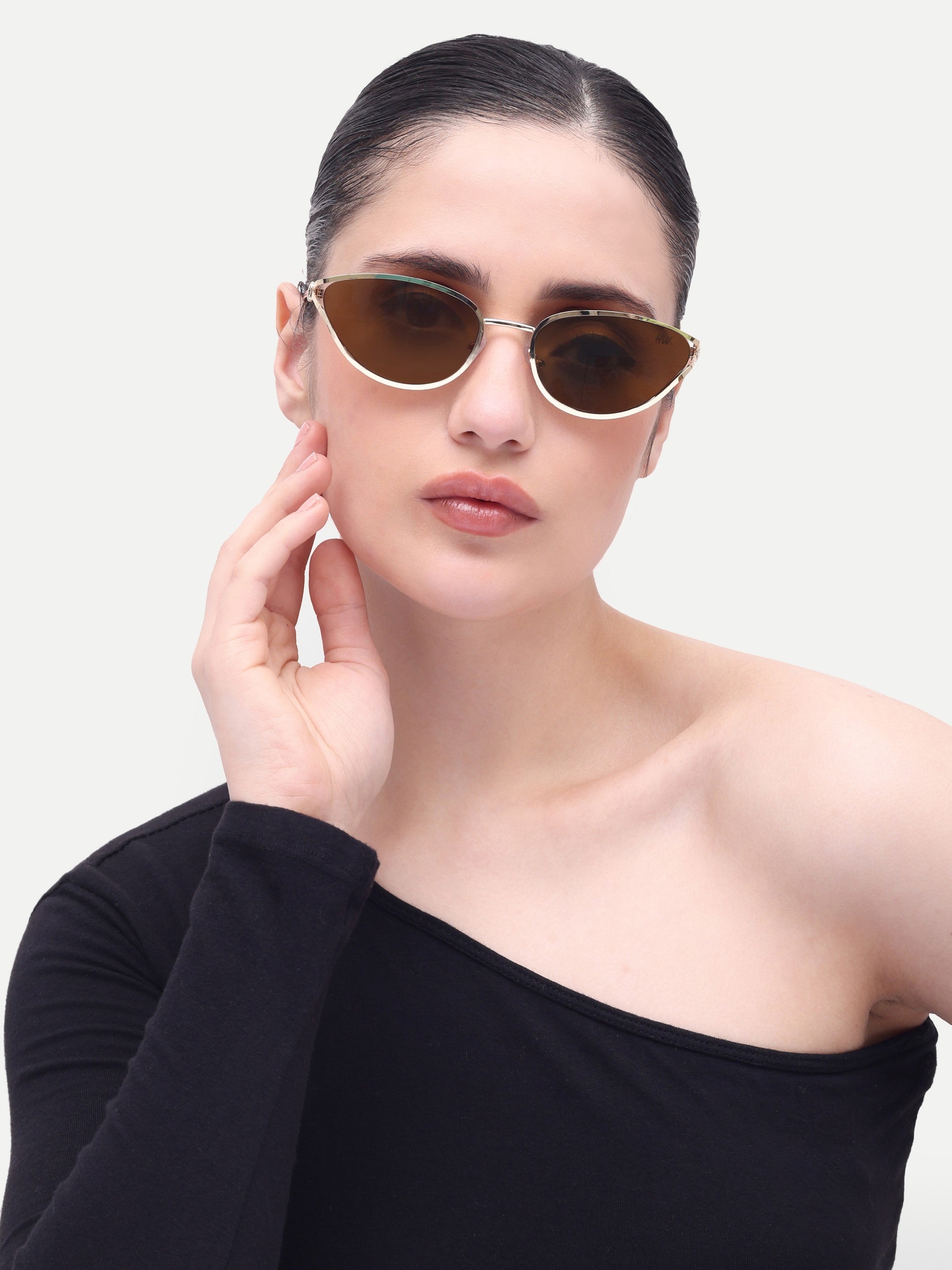 Women's Gold Brown Metal Sunglasses