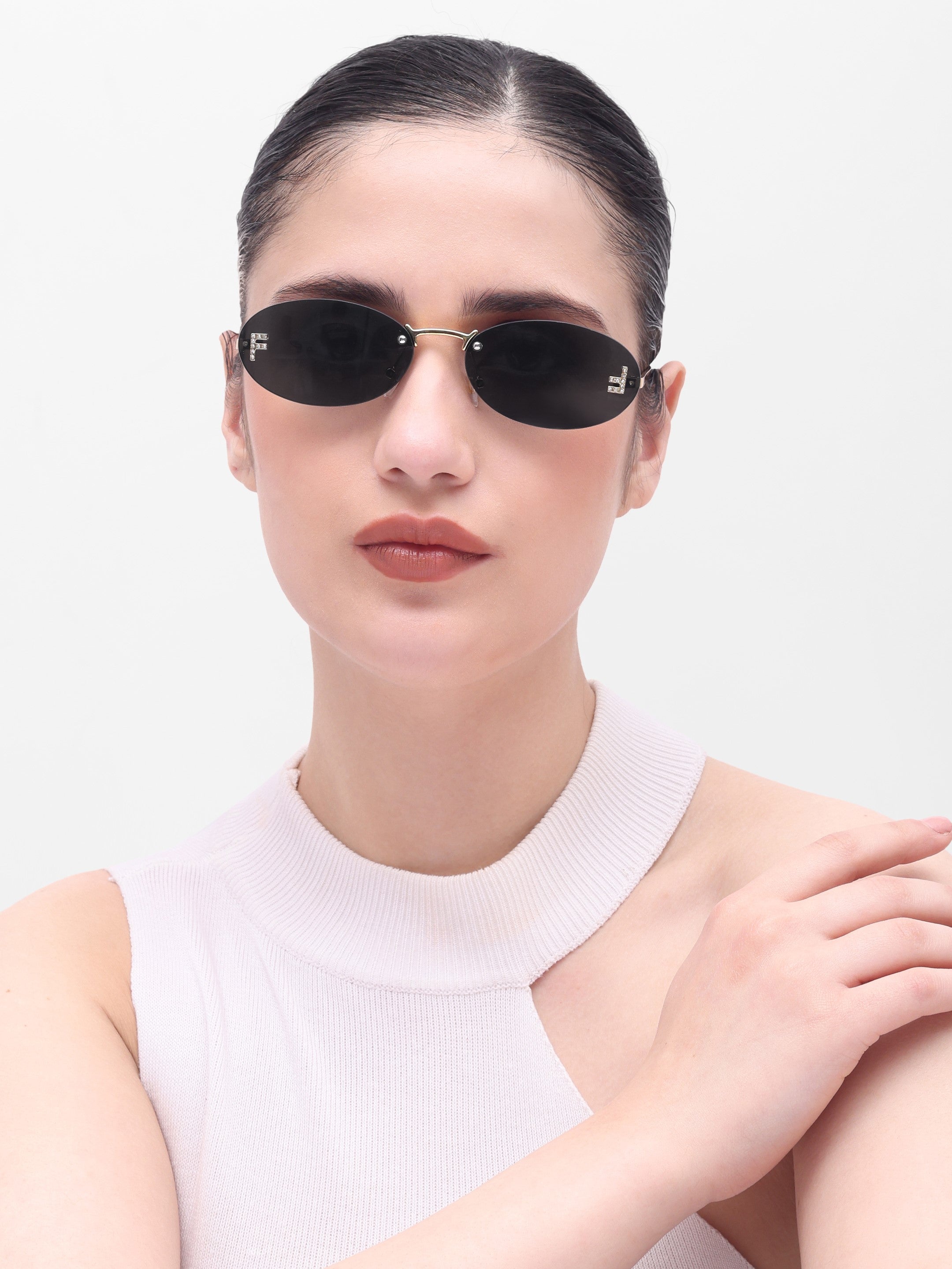 Women's Gold Black Oval Sunglasses