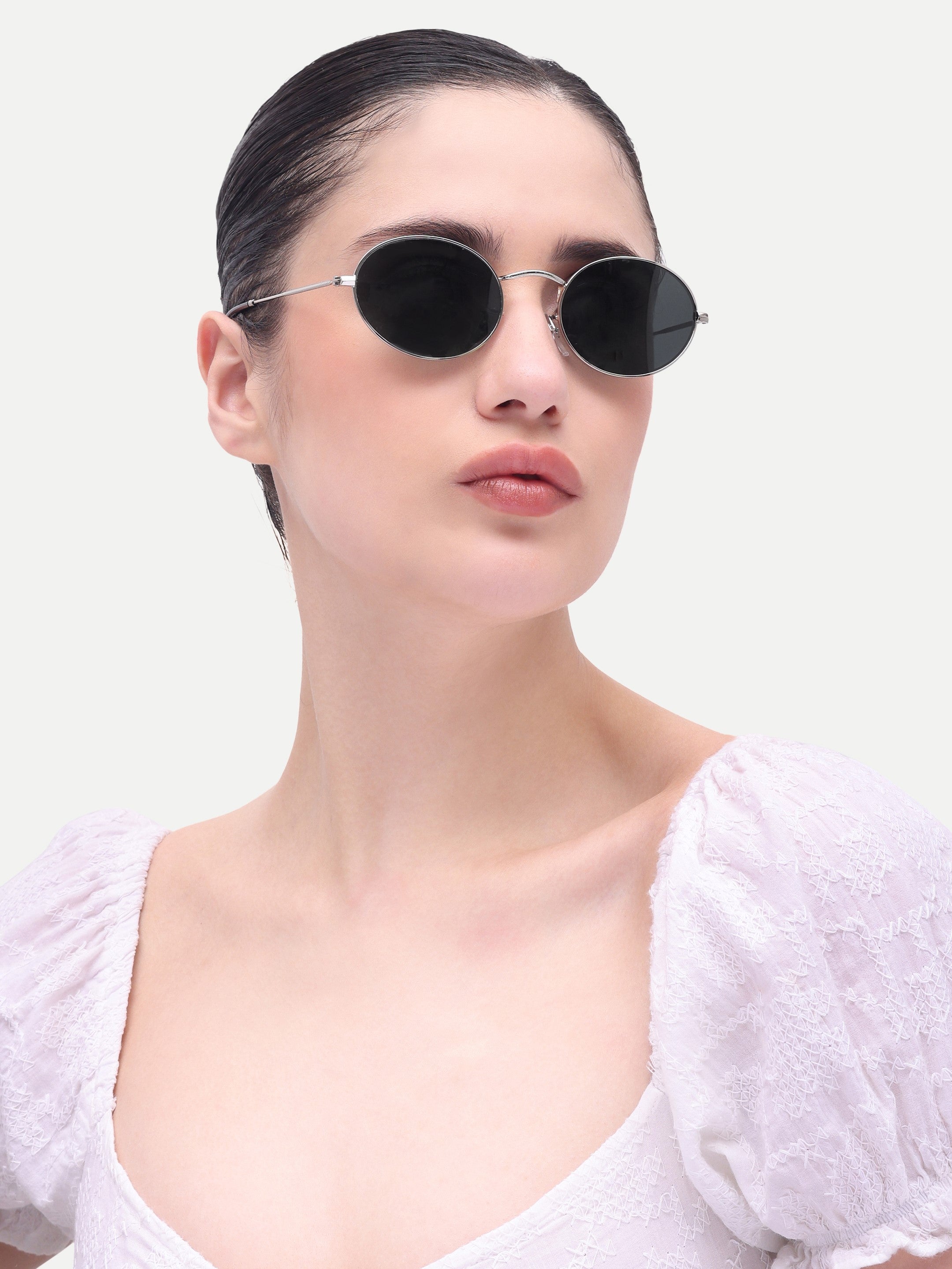 Women's Silver Black Oval Sunglasses