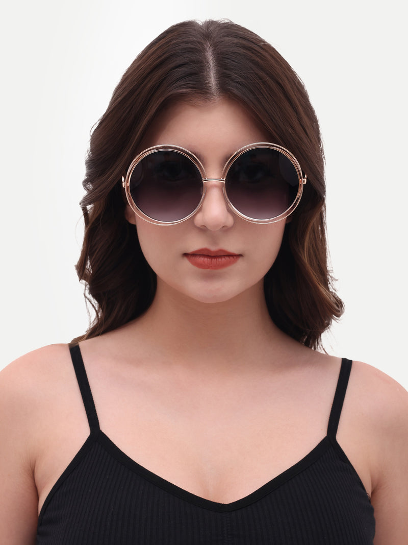Women's UV Protected Black Golden Oversized Round Sunglasses