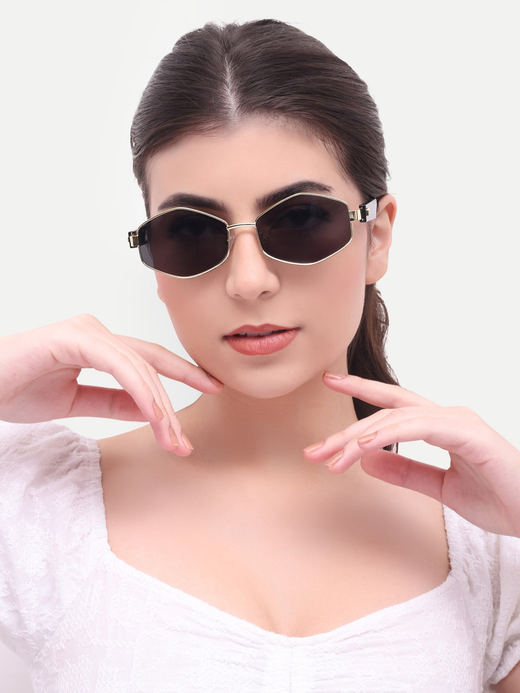 Women's Hexagon Golden Black UV Protected Sunglasses