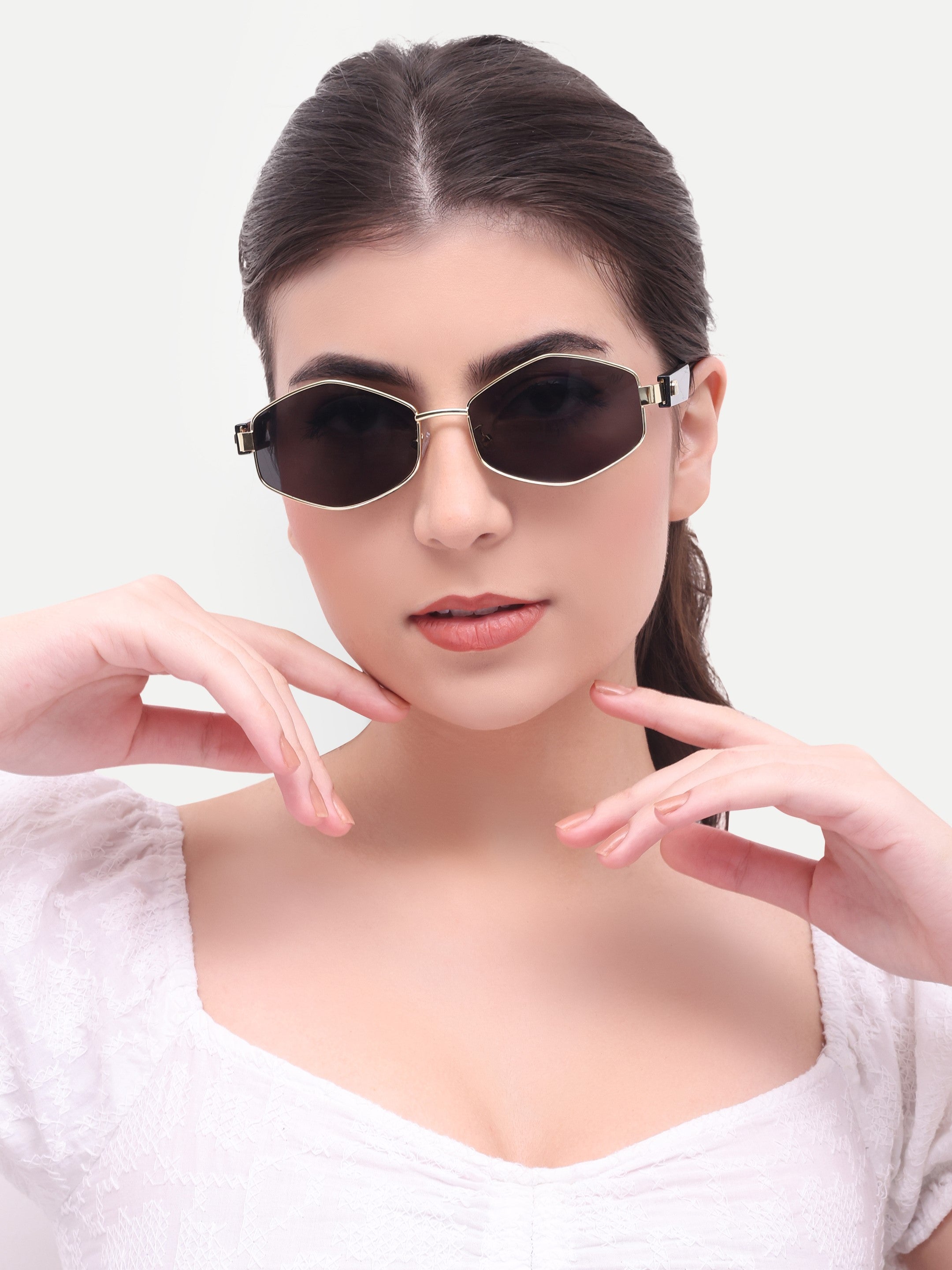 Women's Hexagon Golden Black UV Protected Sunglasses