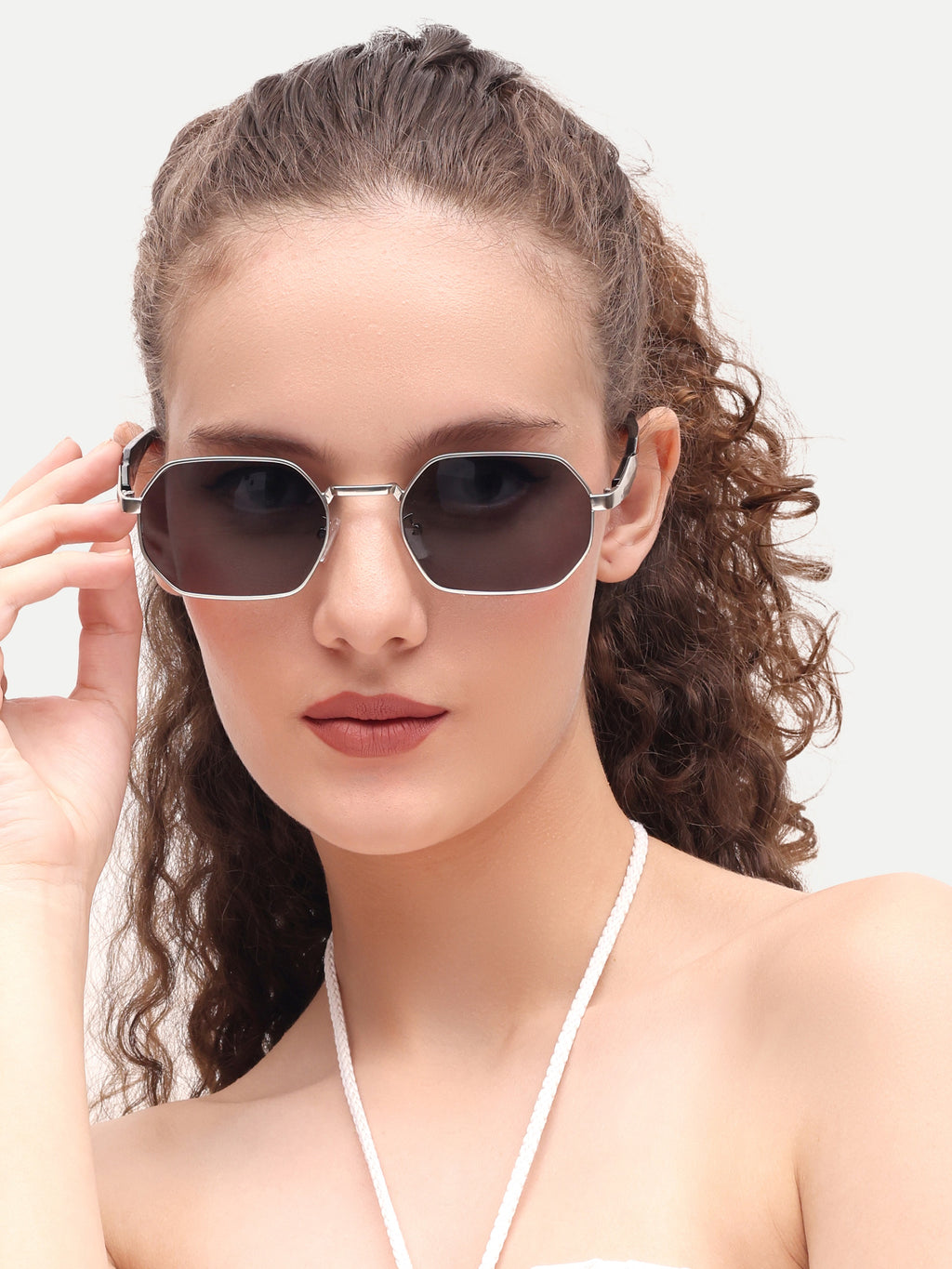 Silver Black Hexagon Women UV Protected Sunglasses