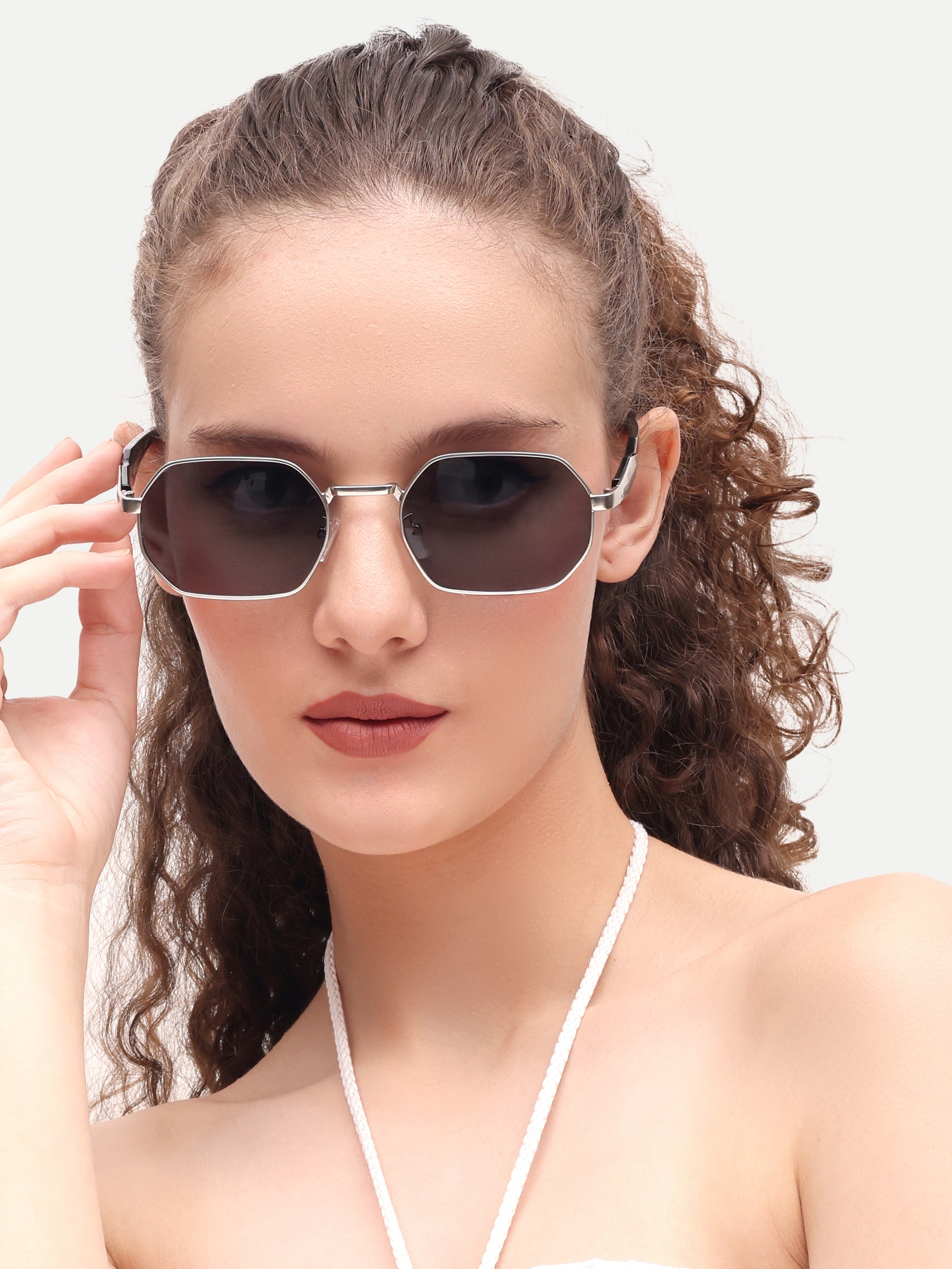 Silver Black Hexagon Women UV Protected Sunglasses
