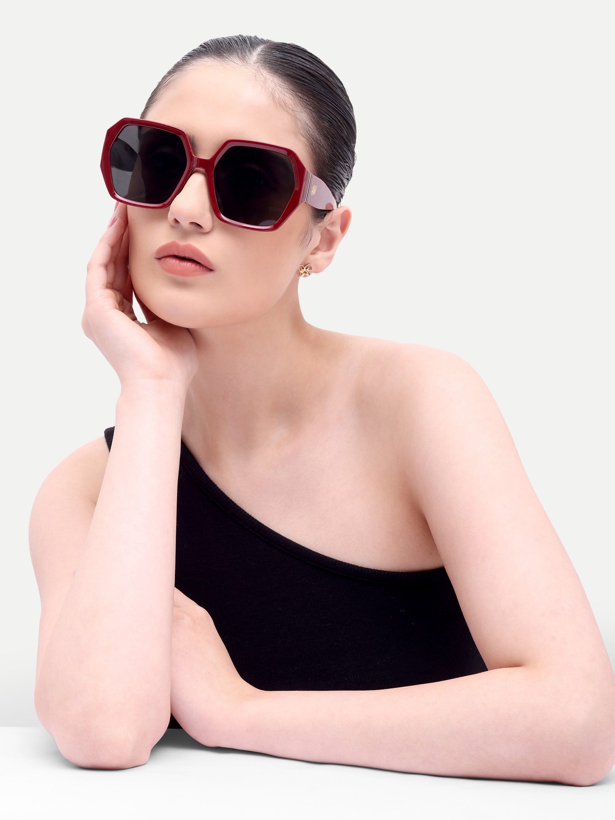 Liora Oversized Red Hexagon UV Protected Womens Sunglasses