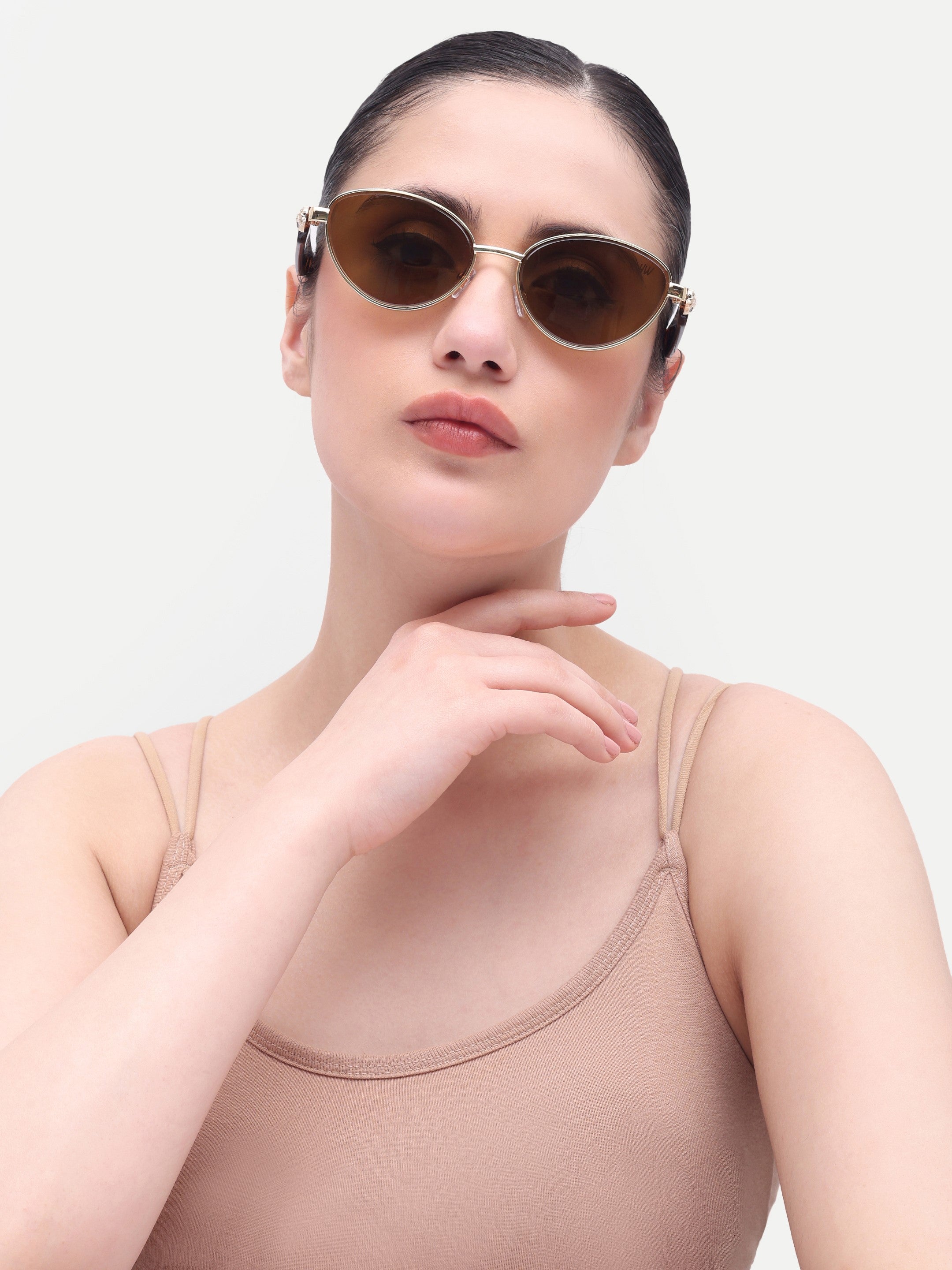 Women's Gold Brown Oval Metal Sunglasses