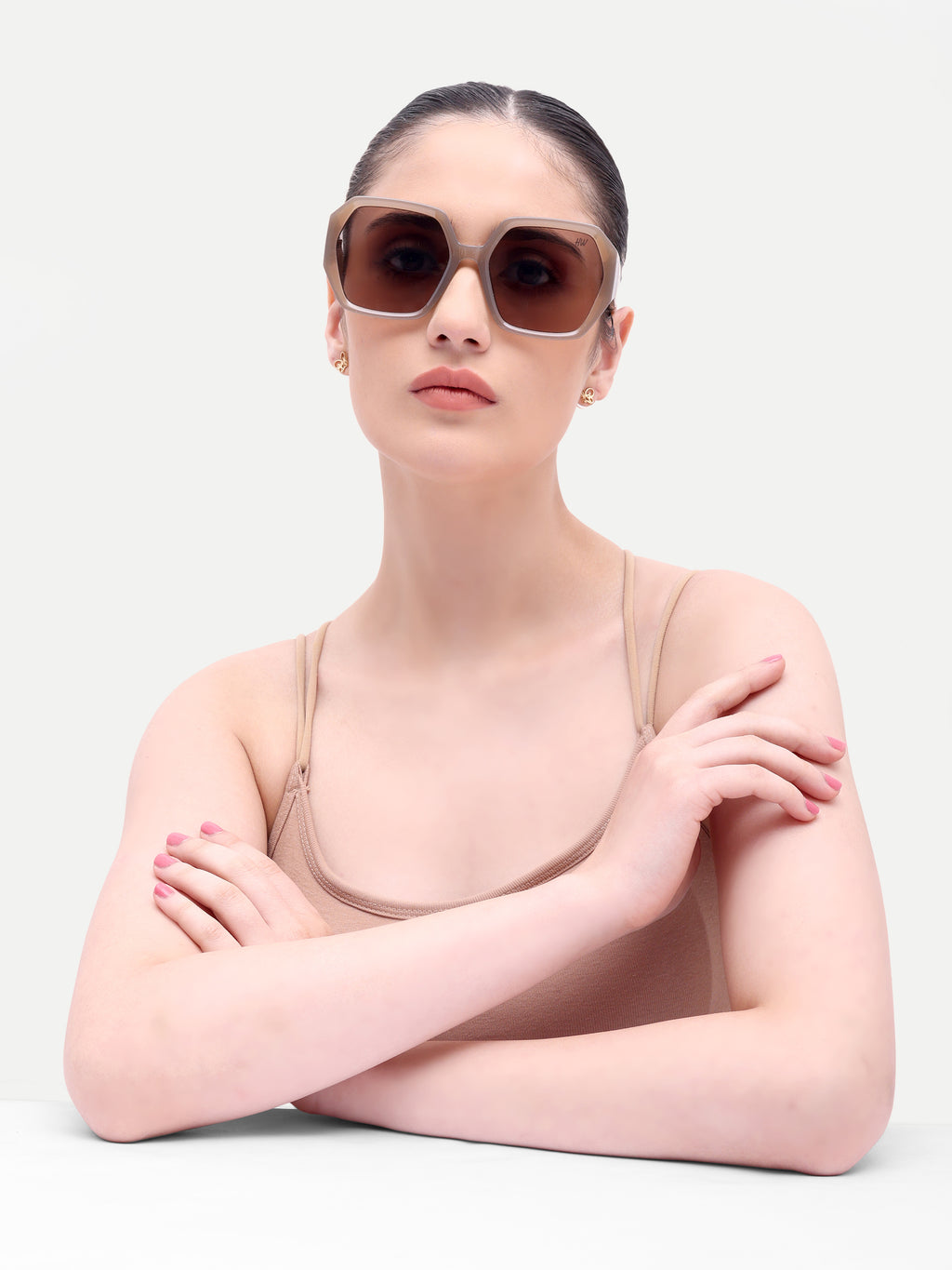 Kaira Oversized Hexagon Peach UV Protected Womens Sunglasses