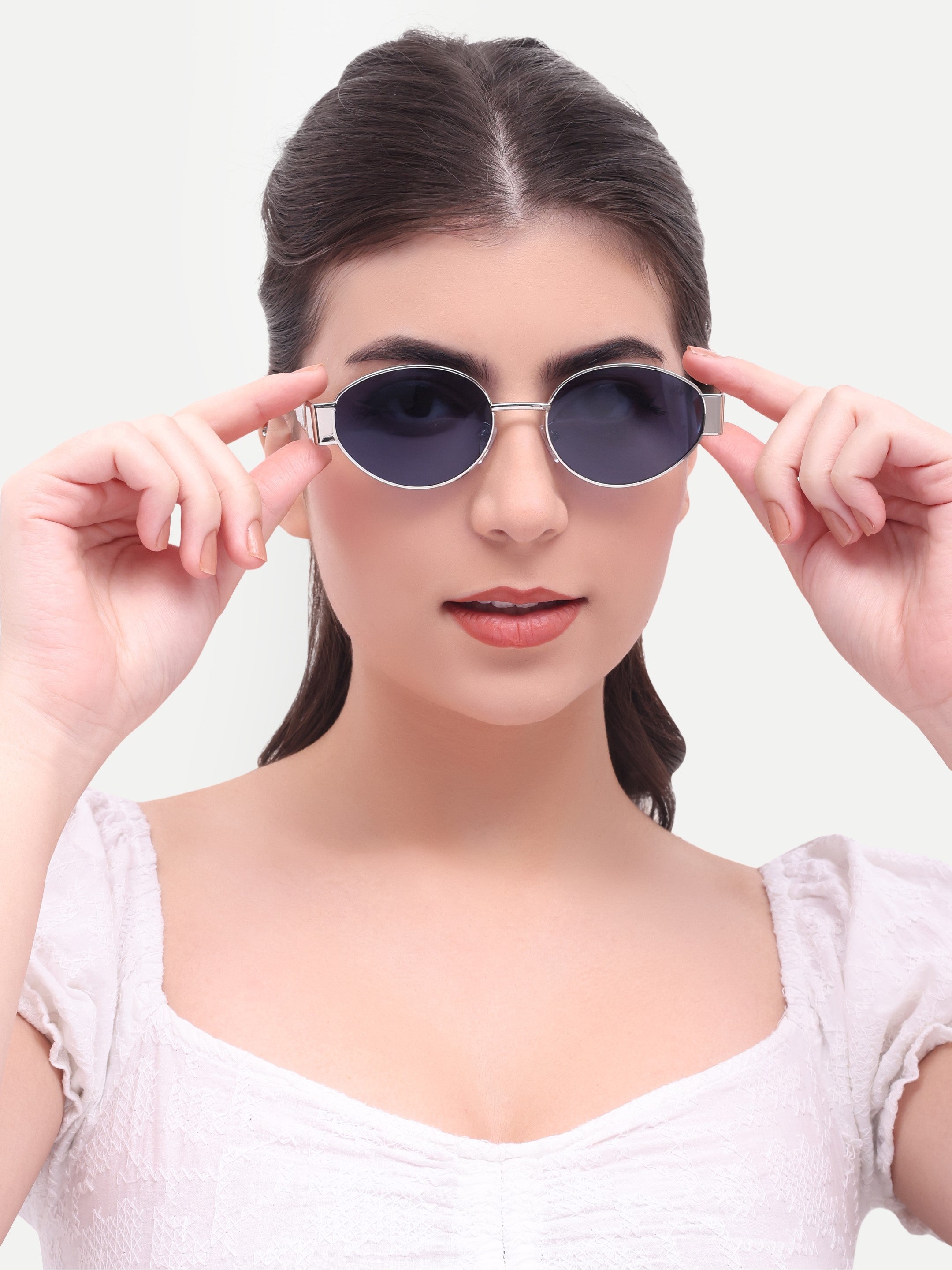 Women's Silver Blue Oval UV Protected Sunglasses