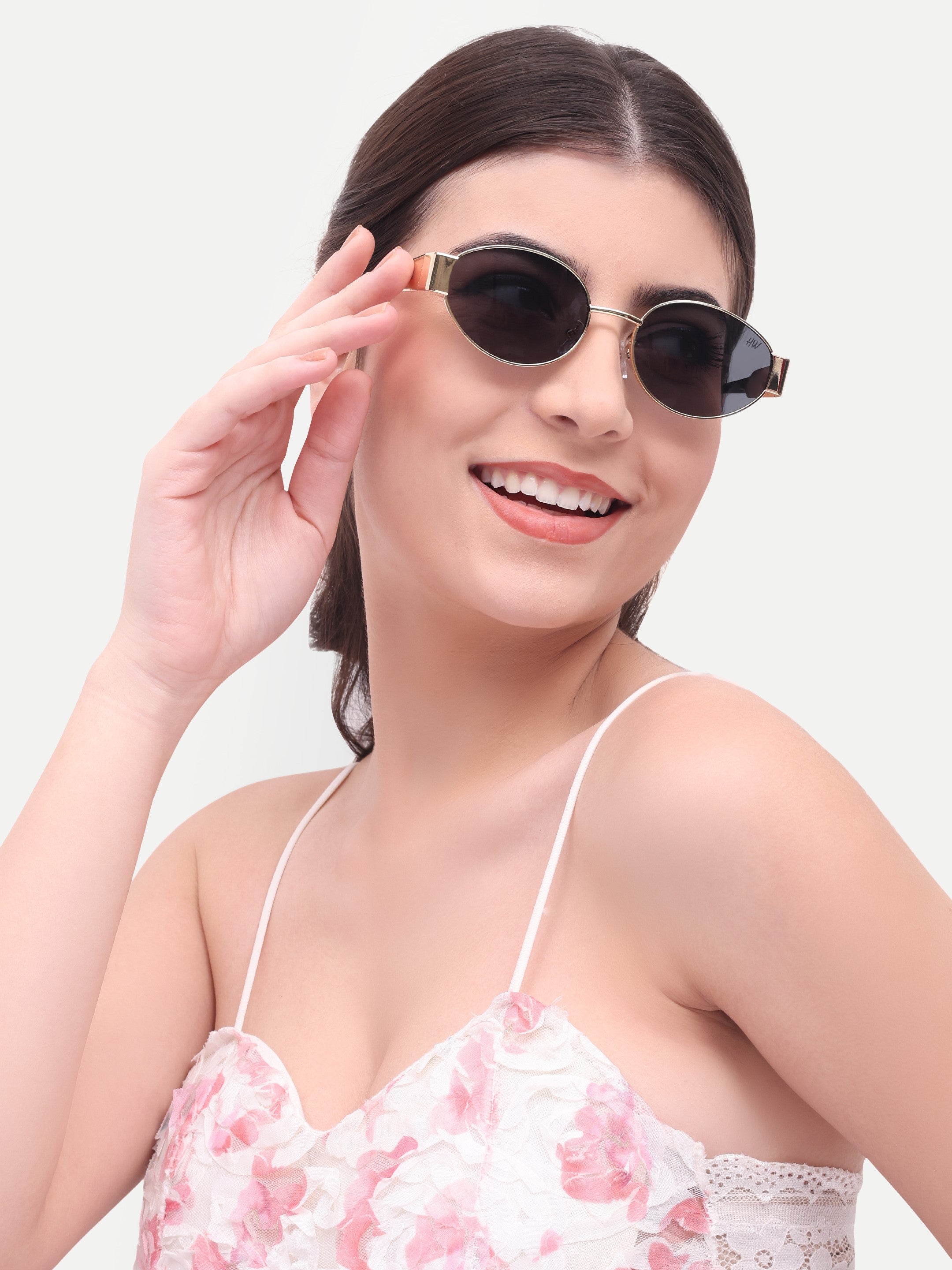 Women's Oval Golden Black UV Protected Sunglasses