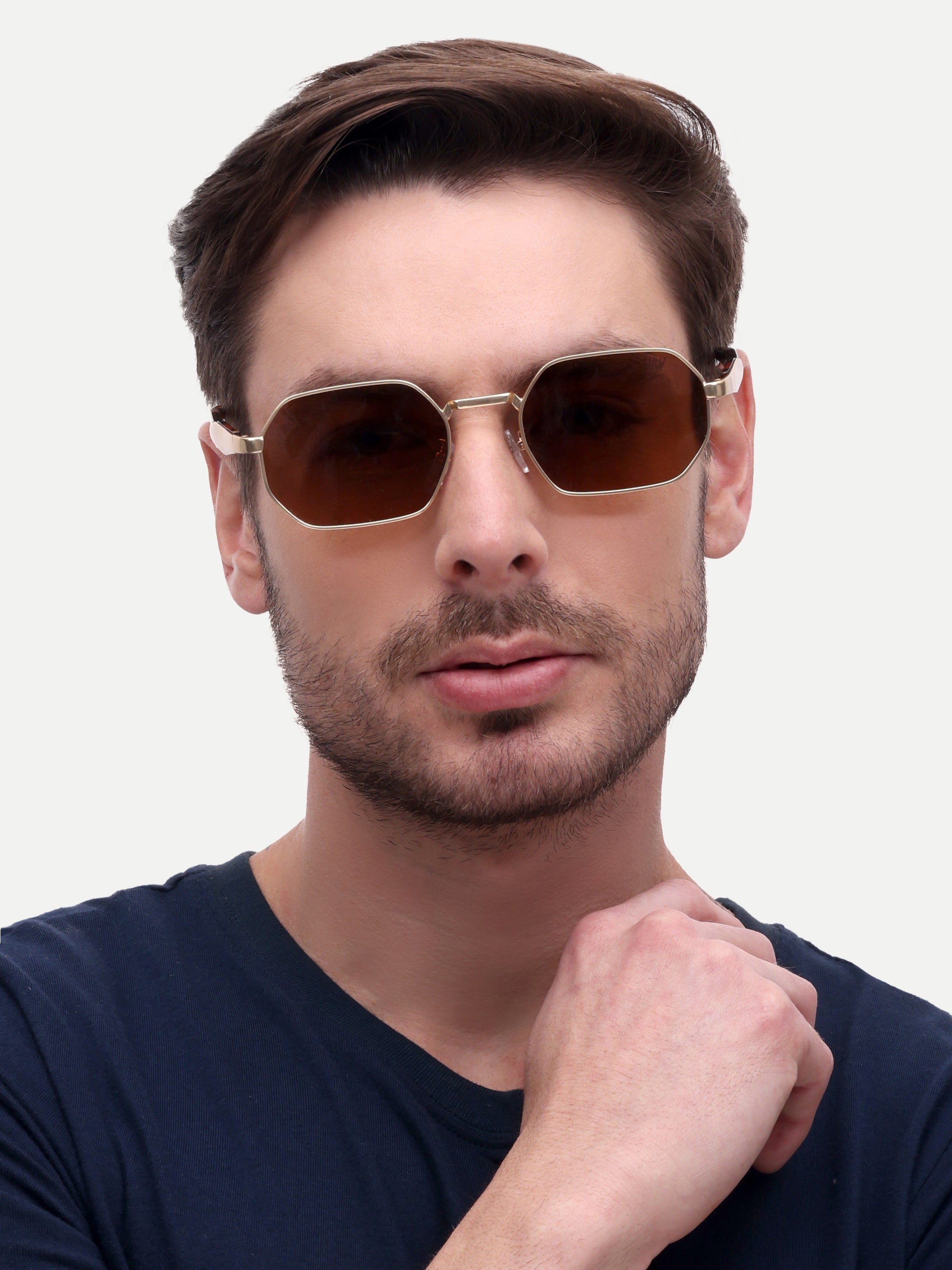 Men Hexagon Uv Protected Sunglasses Brown