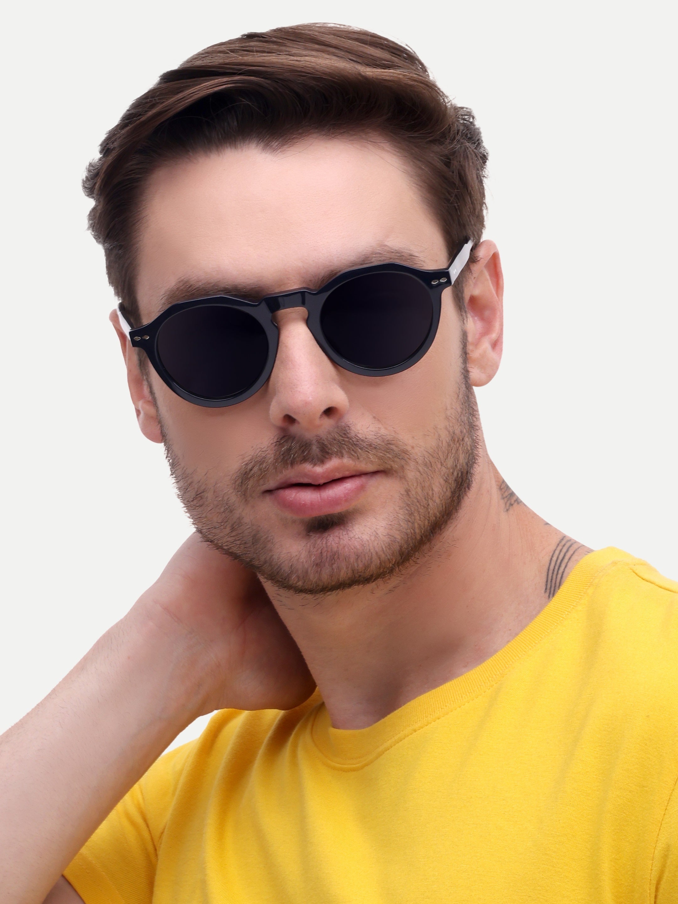 Men Round Uv Protected Sunglasses Black