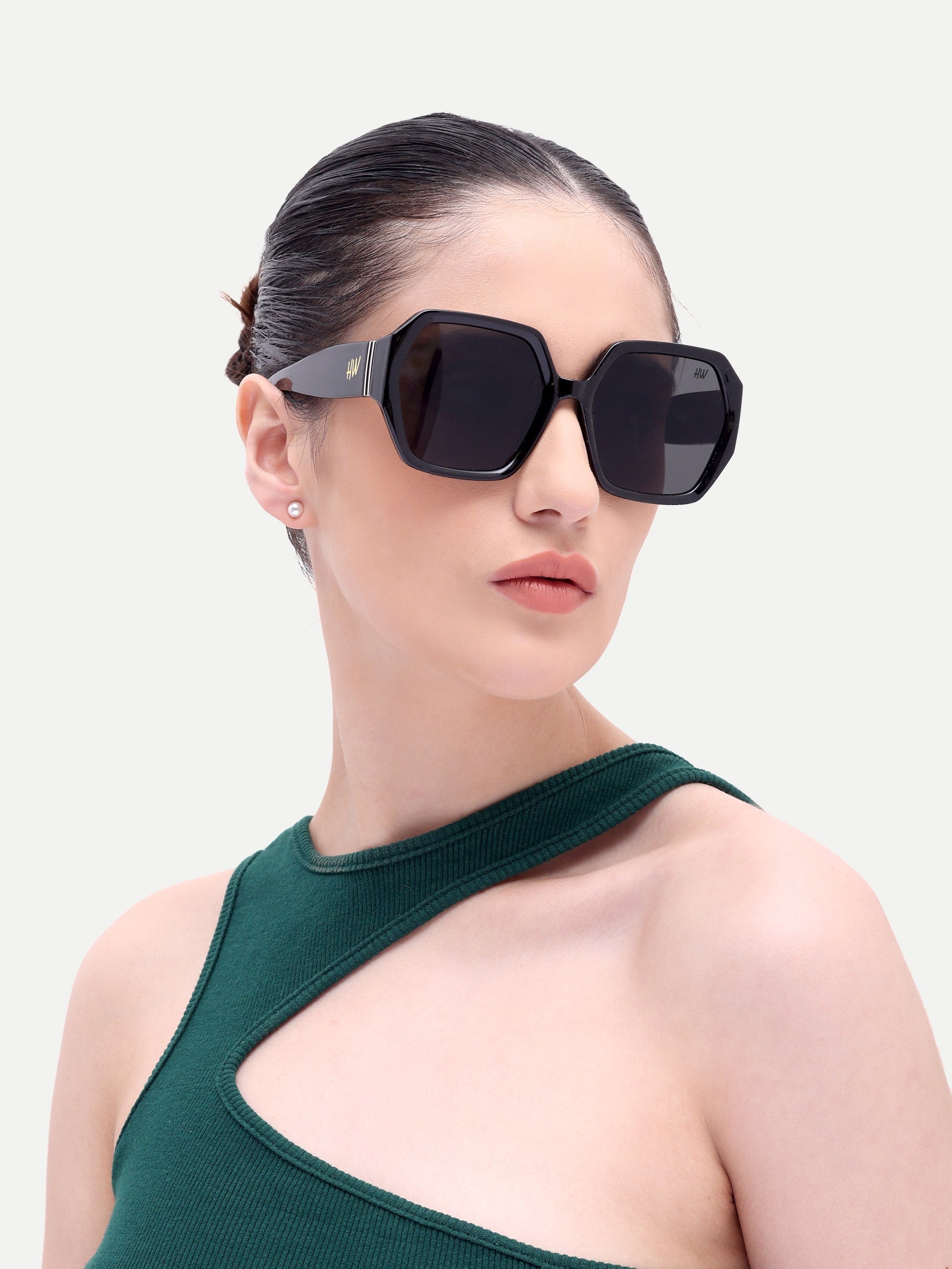 Zarela Acetate Oversized Black Hexagon UV Protected Womens Sunglasses