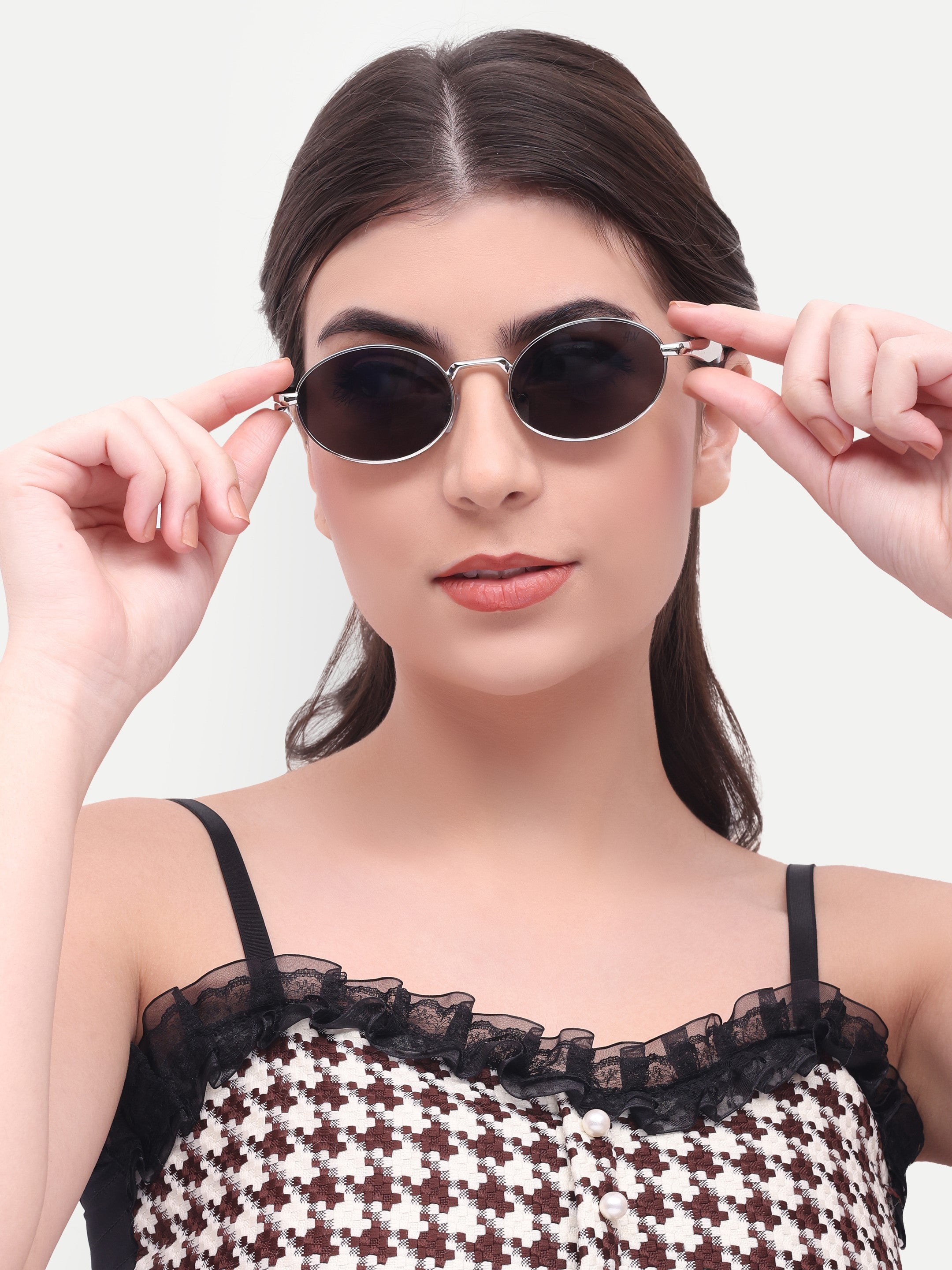 Women's Oval Silver Black UV Protected Sunglasses