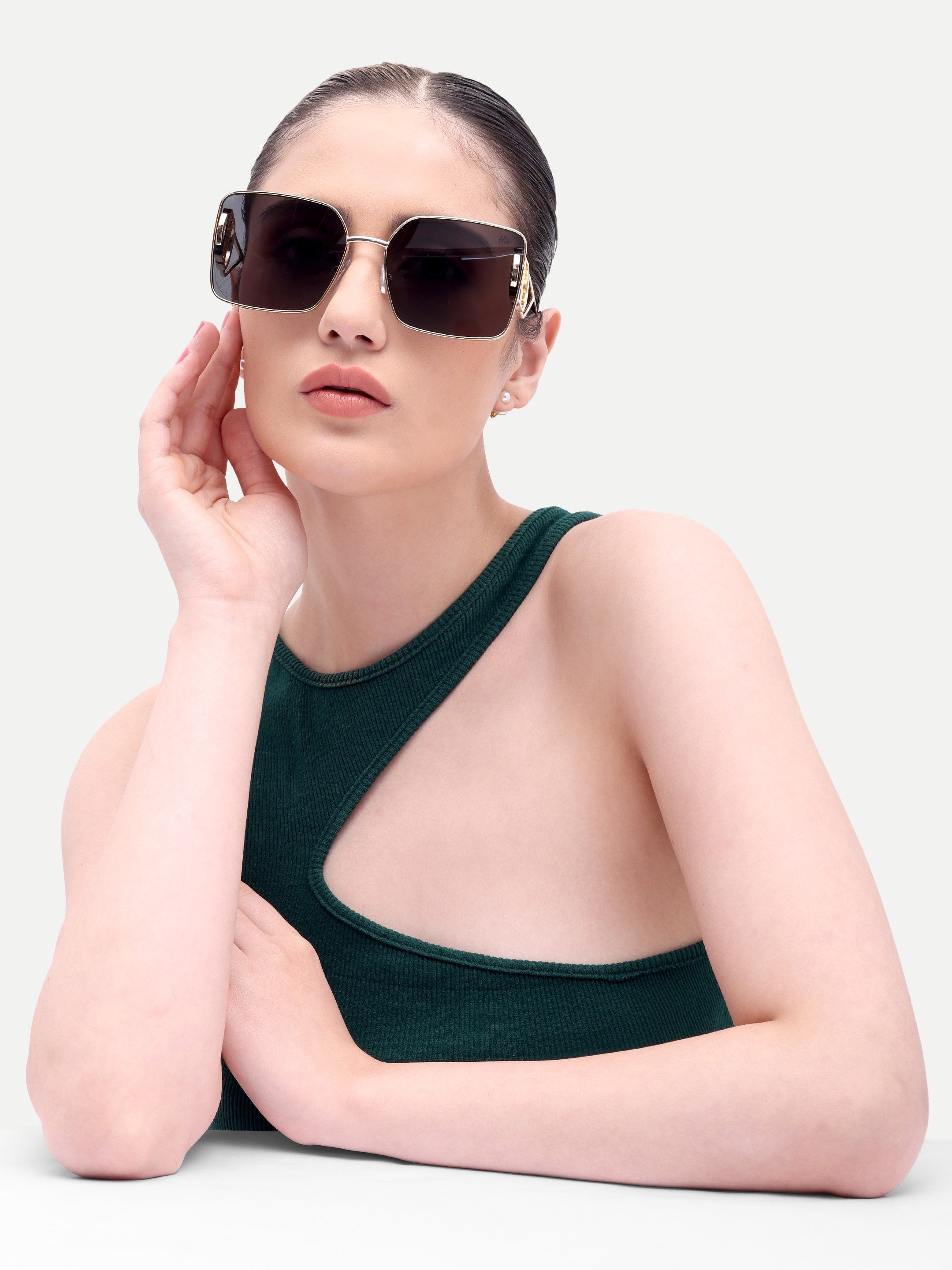 Orlina Gold Black Metal Square UV Protected Womens Sunglasses