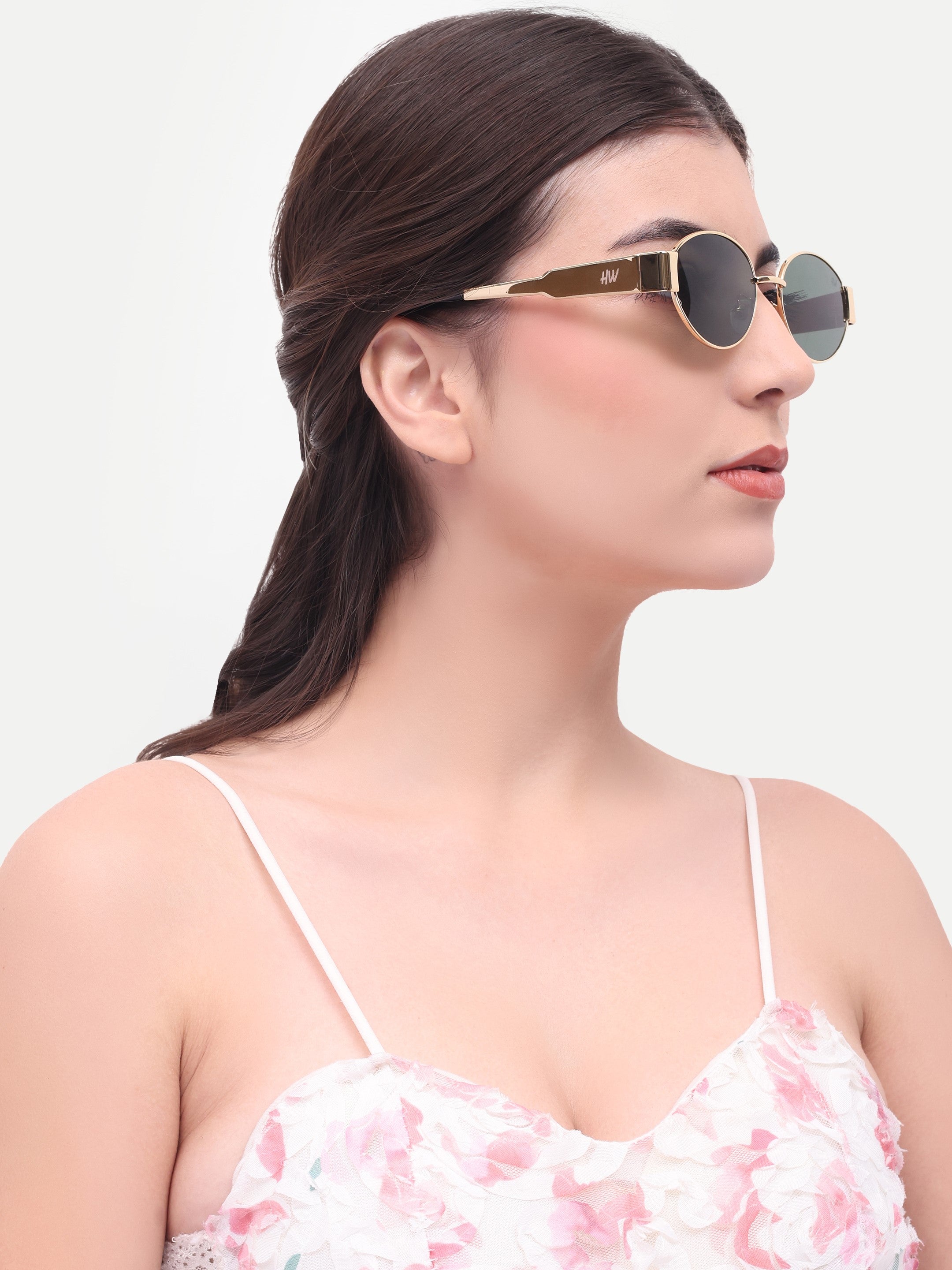 Women's Oval Golden Green UV Protected Sunglasses