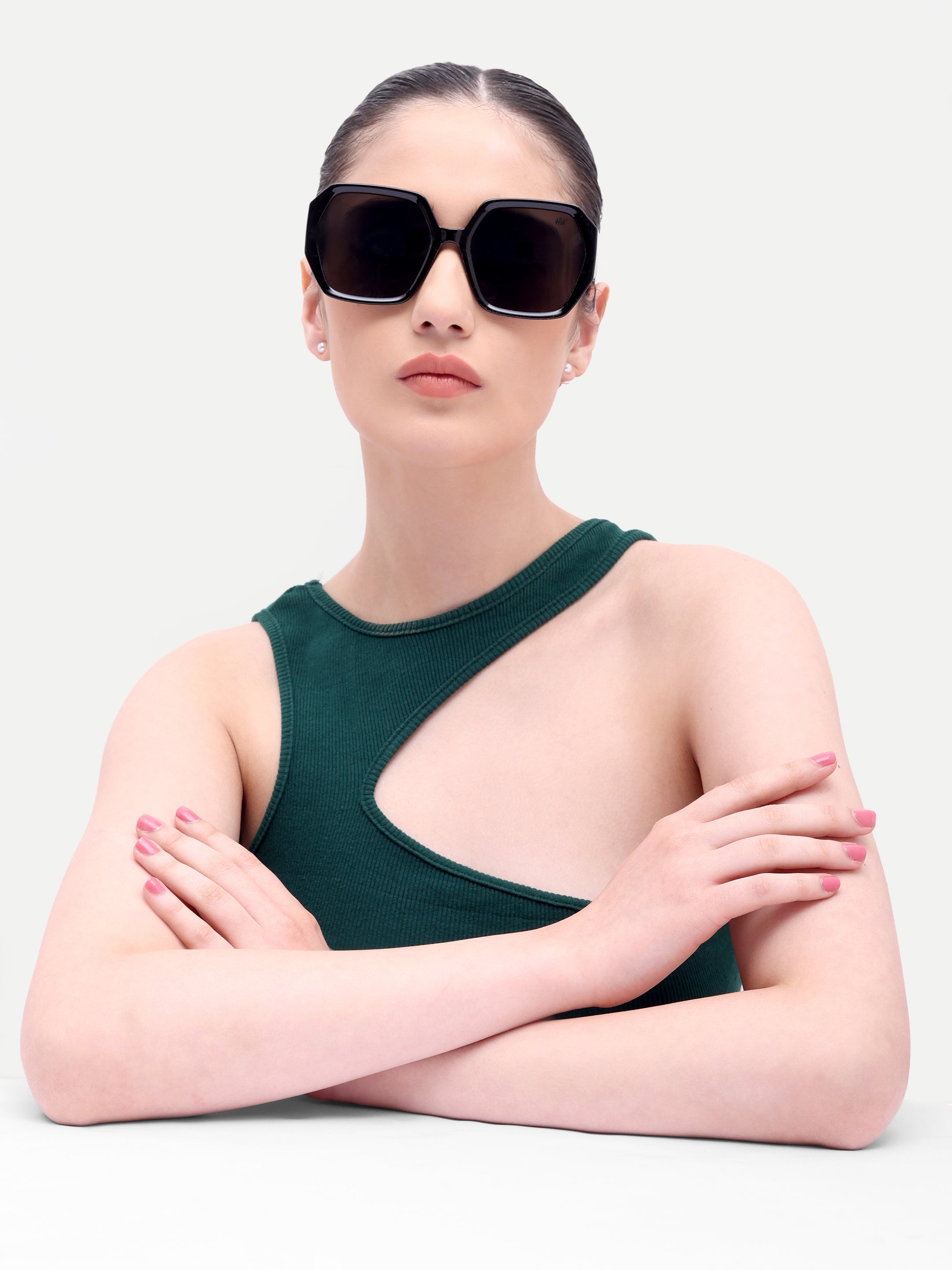 Zarela Acetate Oversized Black Hexagon UV Protected Womens Sunglasses