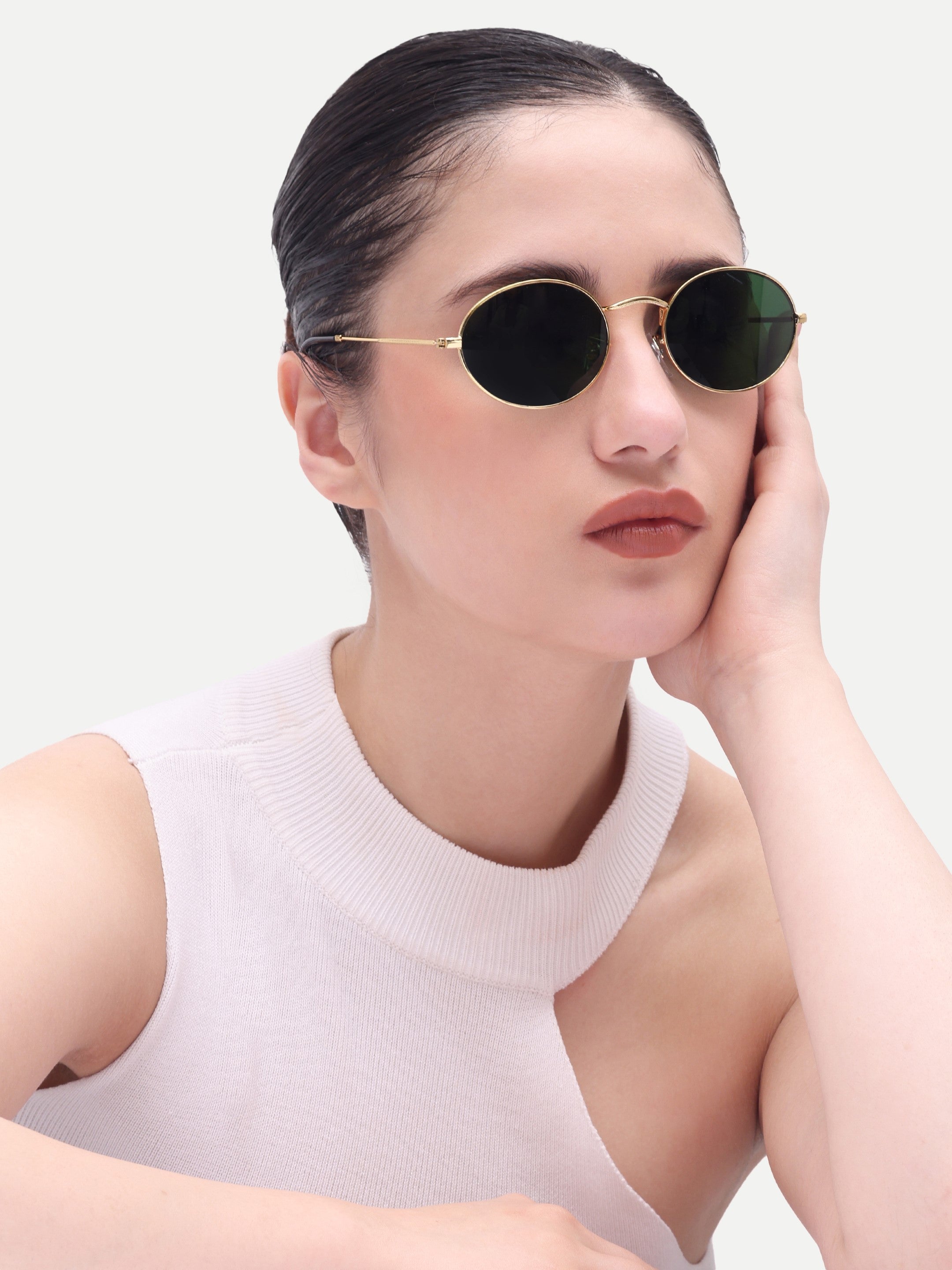 Women's Gold Green Oval Sunglasses