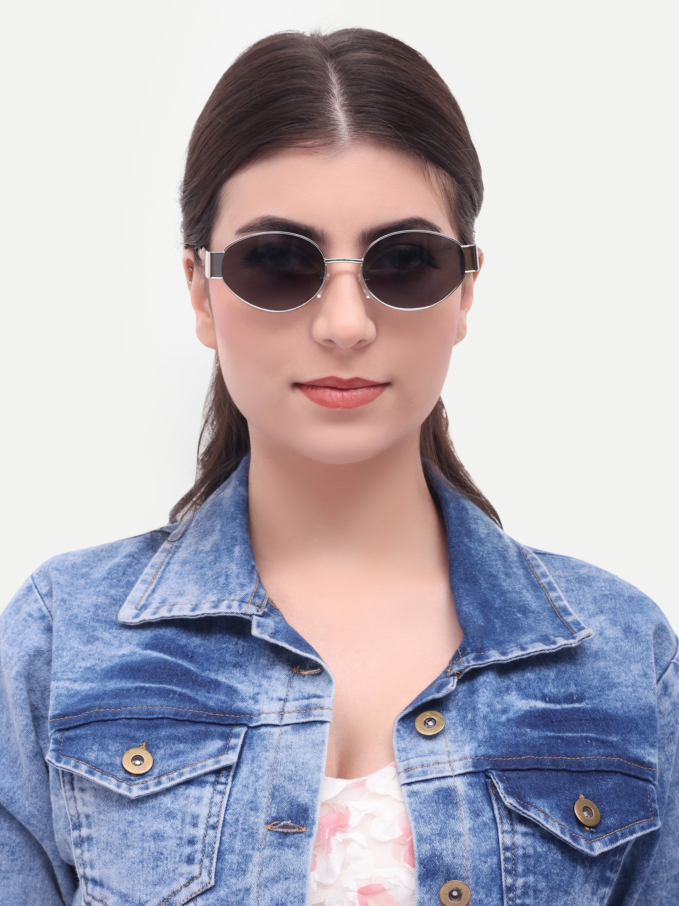 Women's Oval Silver Black UV Protected Sunglasses