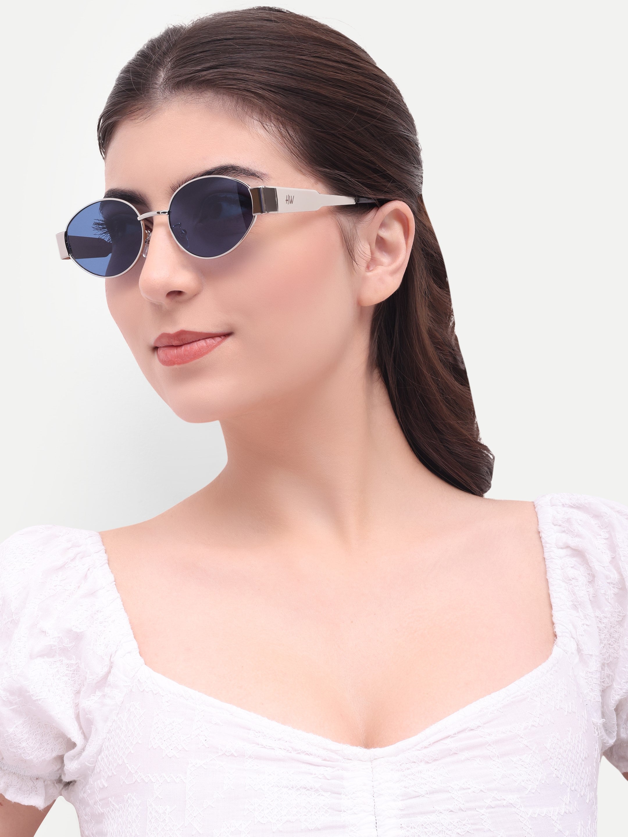 Women's Silver Blue Oval UV Protected Sunglasses