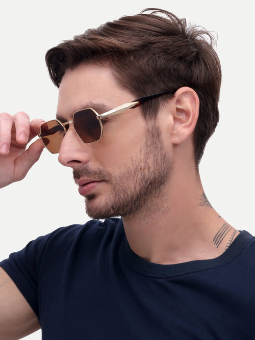 Men Hexagon Uv Protected Sunglasses Brown