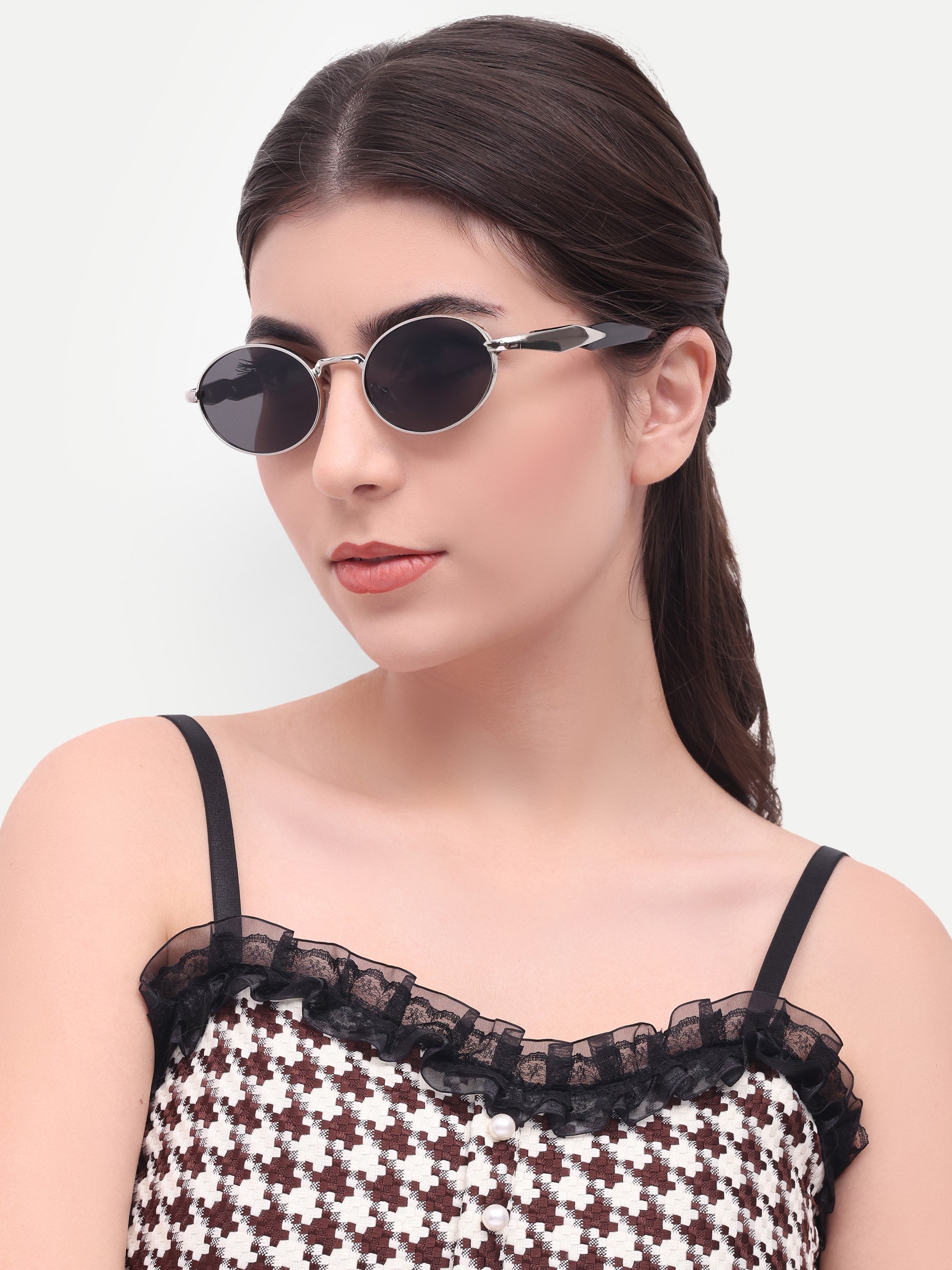 Women's Oval Silver Black UV Protected Sunglasses