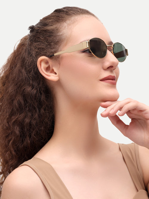 Gold Green Oval Women UV Protected Sunglasses
