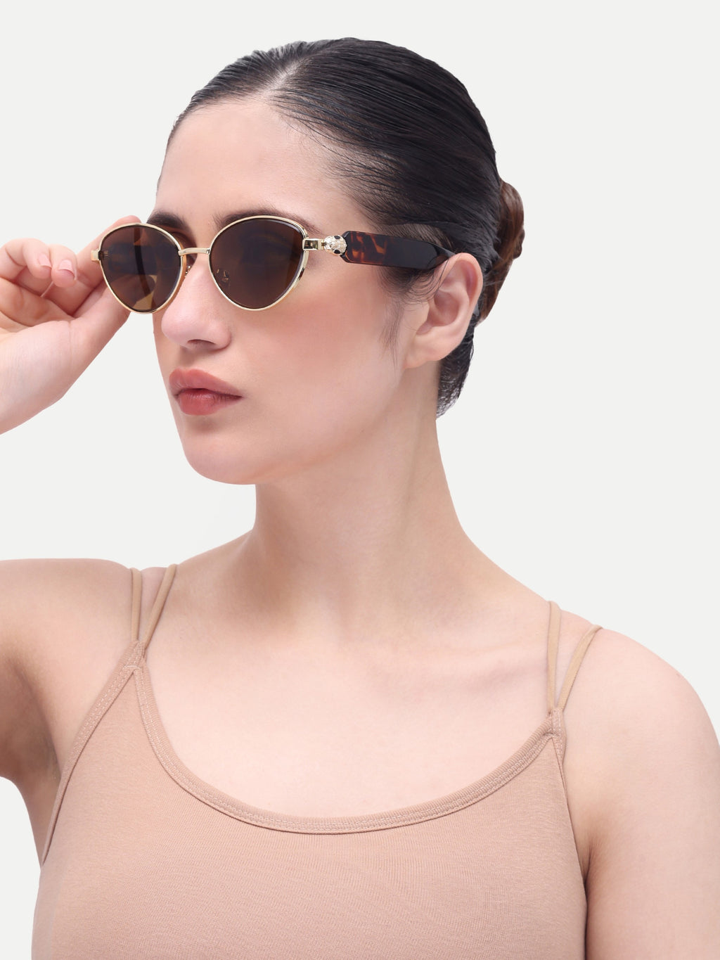 Women's Gold Brown Oval Metal Sunglasses