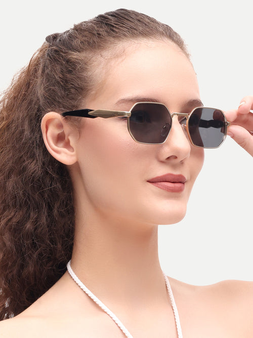 Gold Black Hexagon Women UV Protected Sunglasses