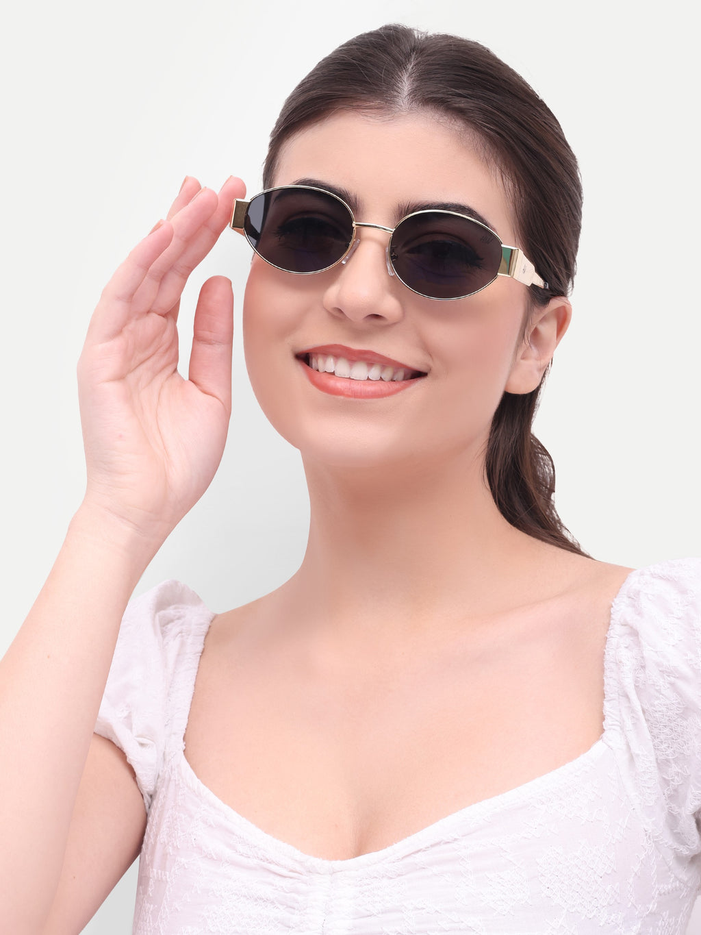 Women's Oval Golden Black UV Protected Sunglasses
