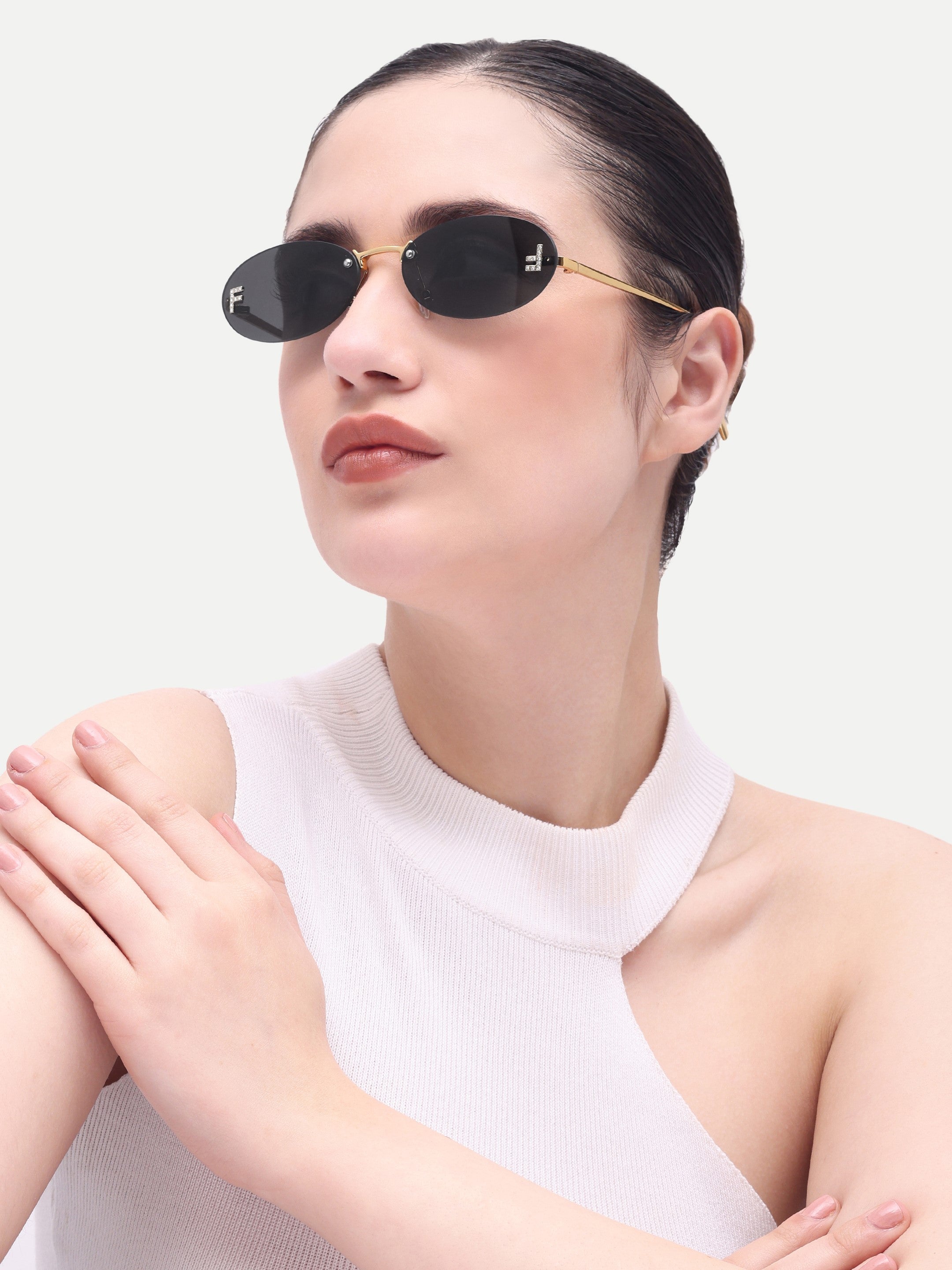 Women's Gold Black Oval Sunglasses