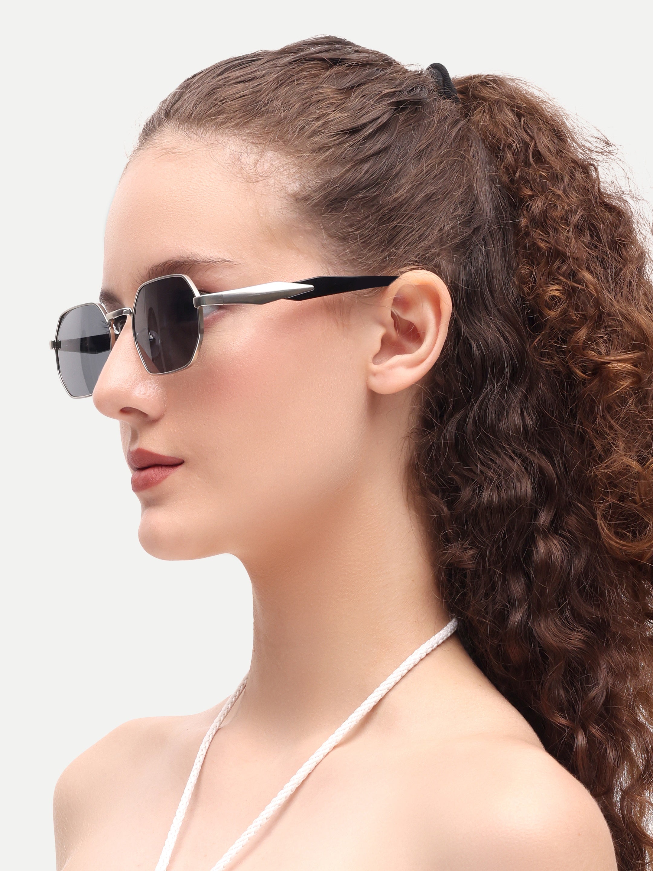 Silver Black Hexagon Women UV Protected Sunglasses