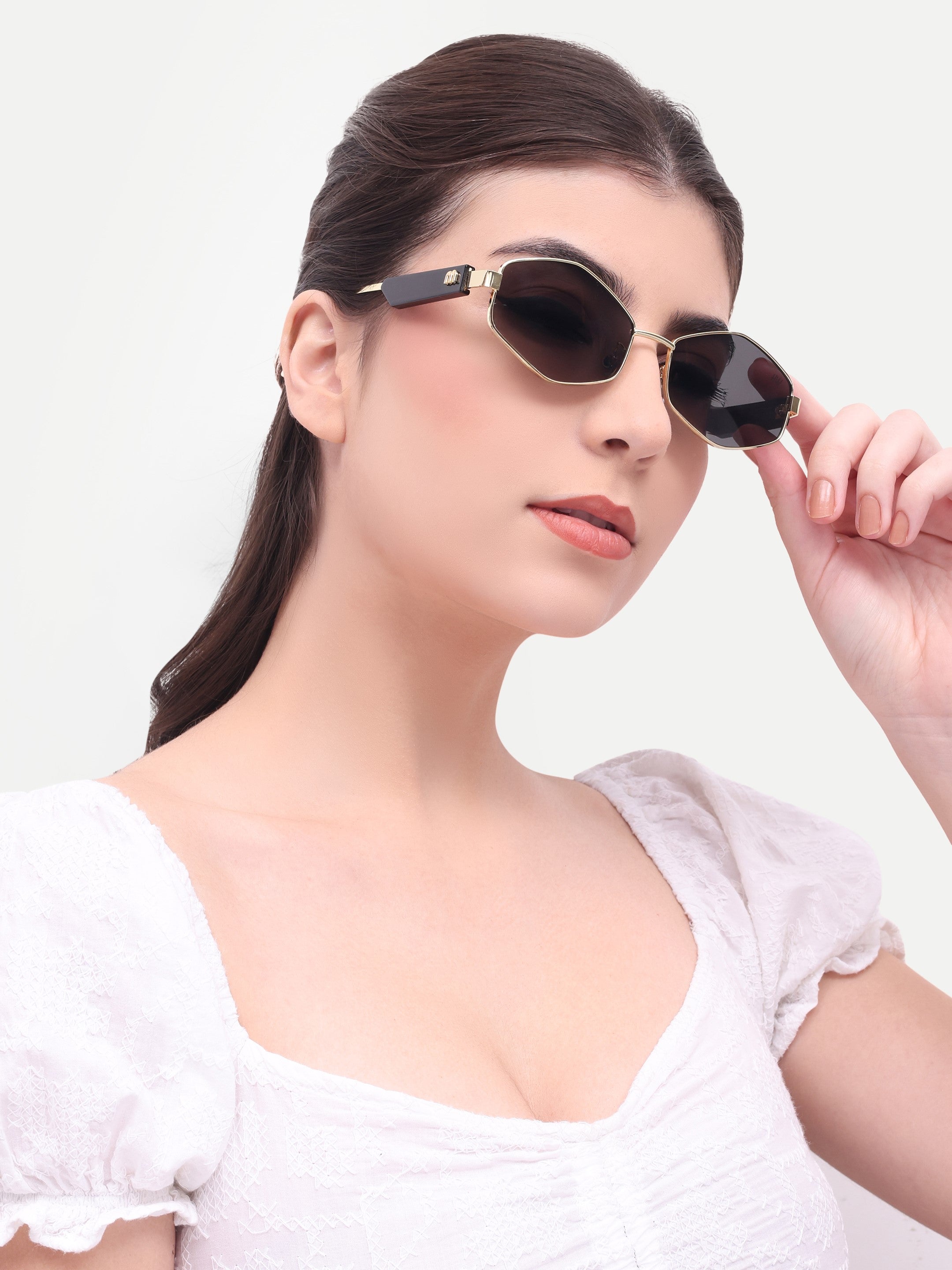 Women's Hexagon Golden Black UV Protected Sunglasses
