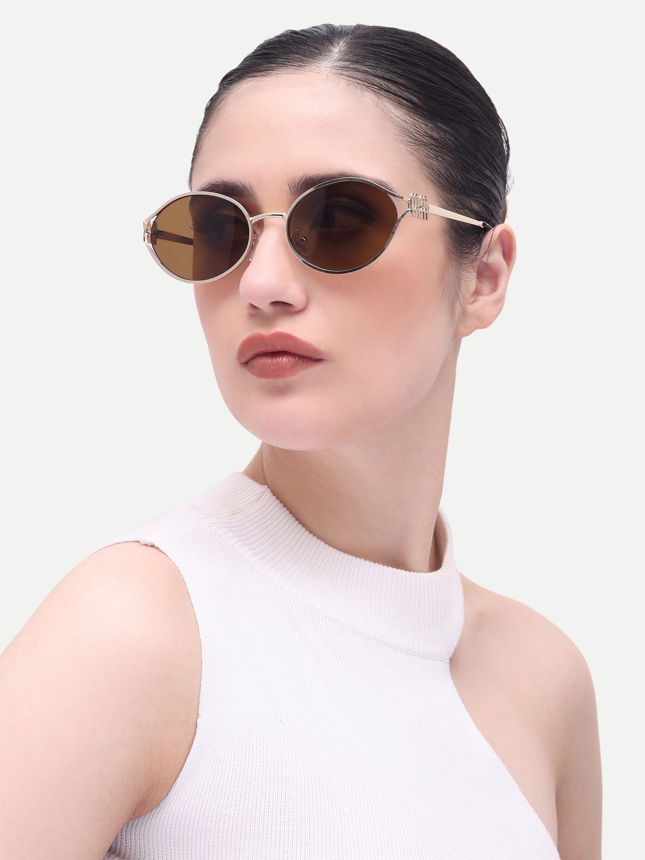 Women's Gold Brown Oval Sunglasses