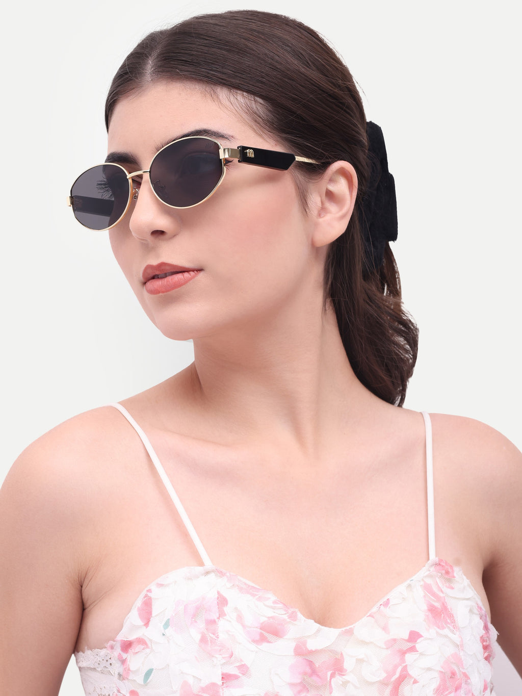 Women's Oval Golden Black UV Protected Sunglasses