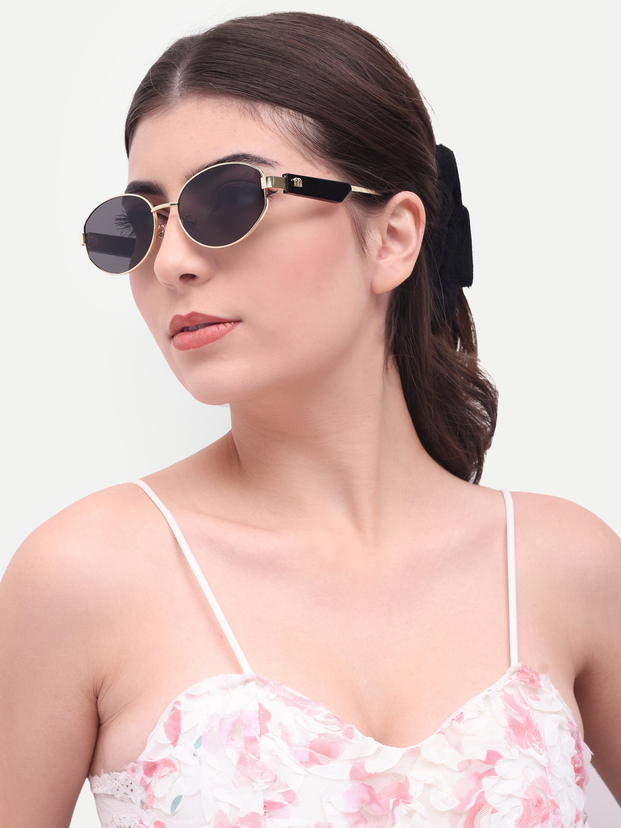 Women's Oval Golden Black UV Protected Sunglasses