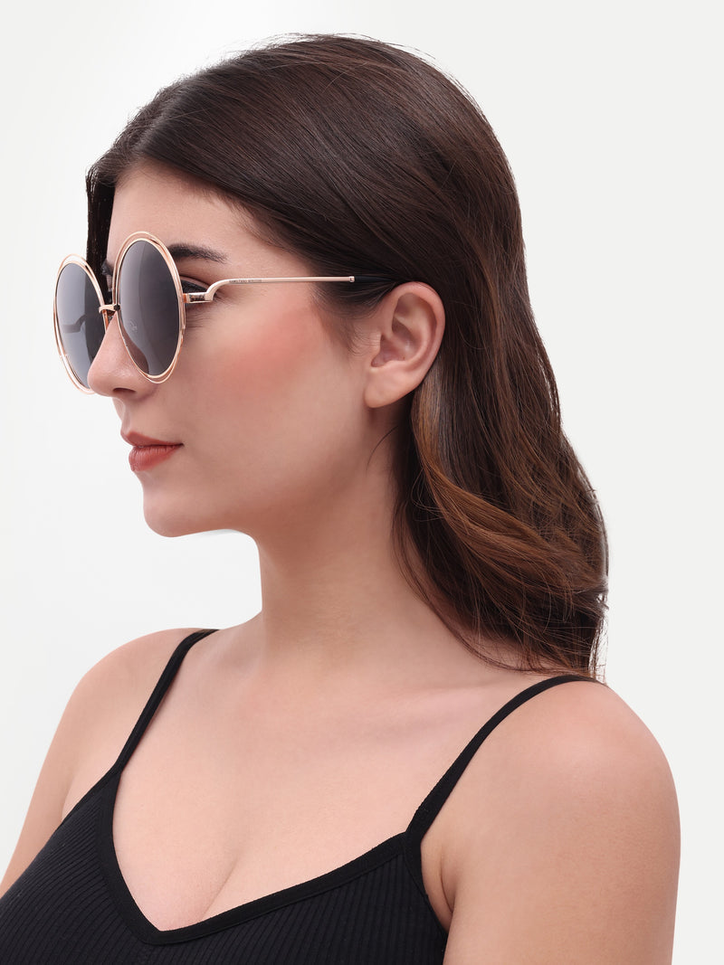 Women's UV Protected Black Golden Oversized Round Sunglasses