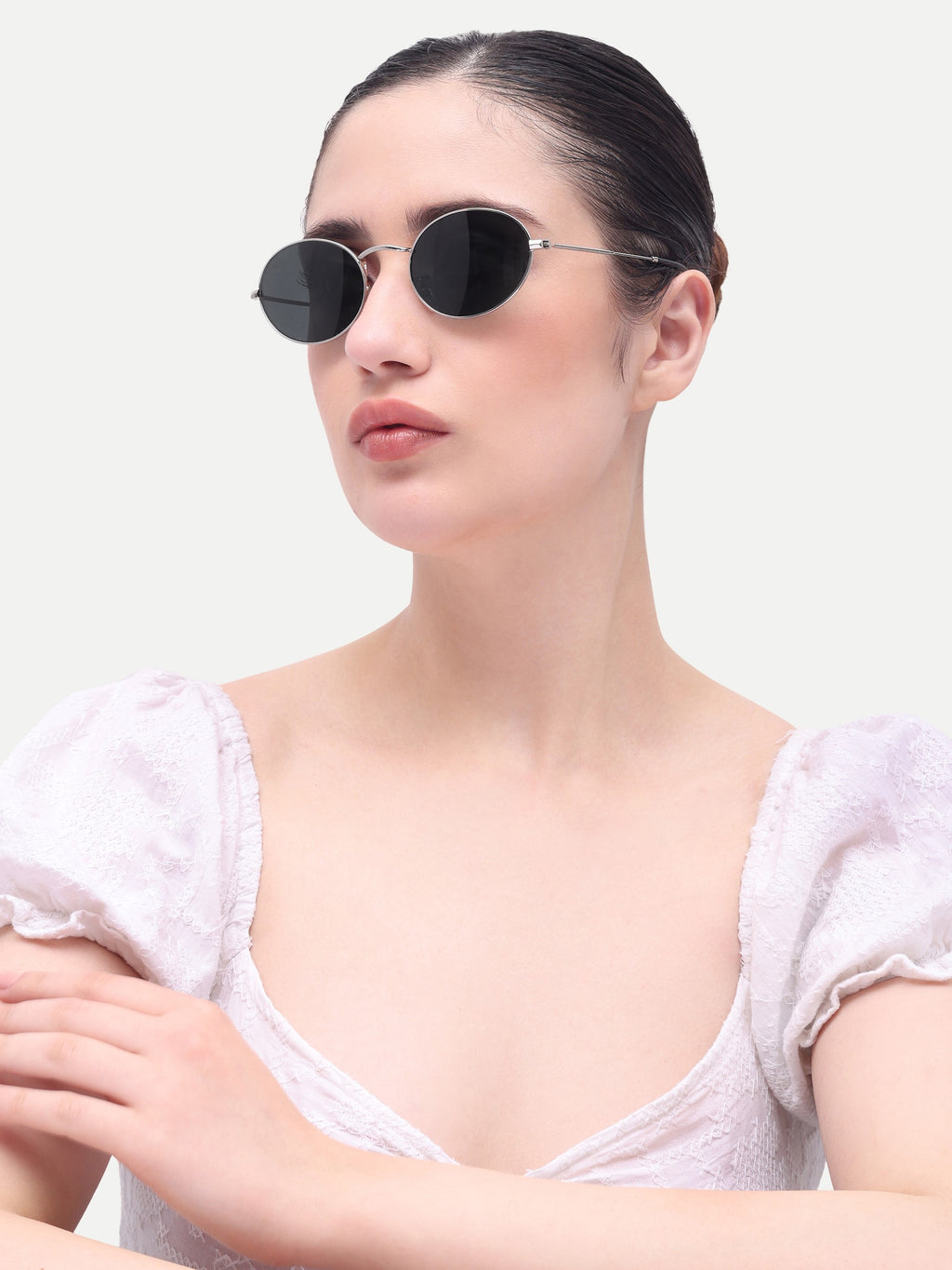 Women's Silver Black Oval Sunglasses