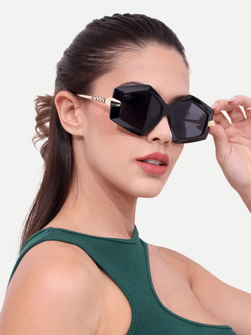 Women's Black Golden UV Protected Oversized Sunglasses
