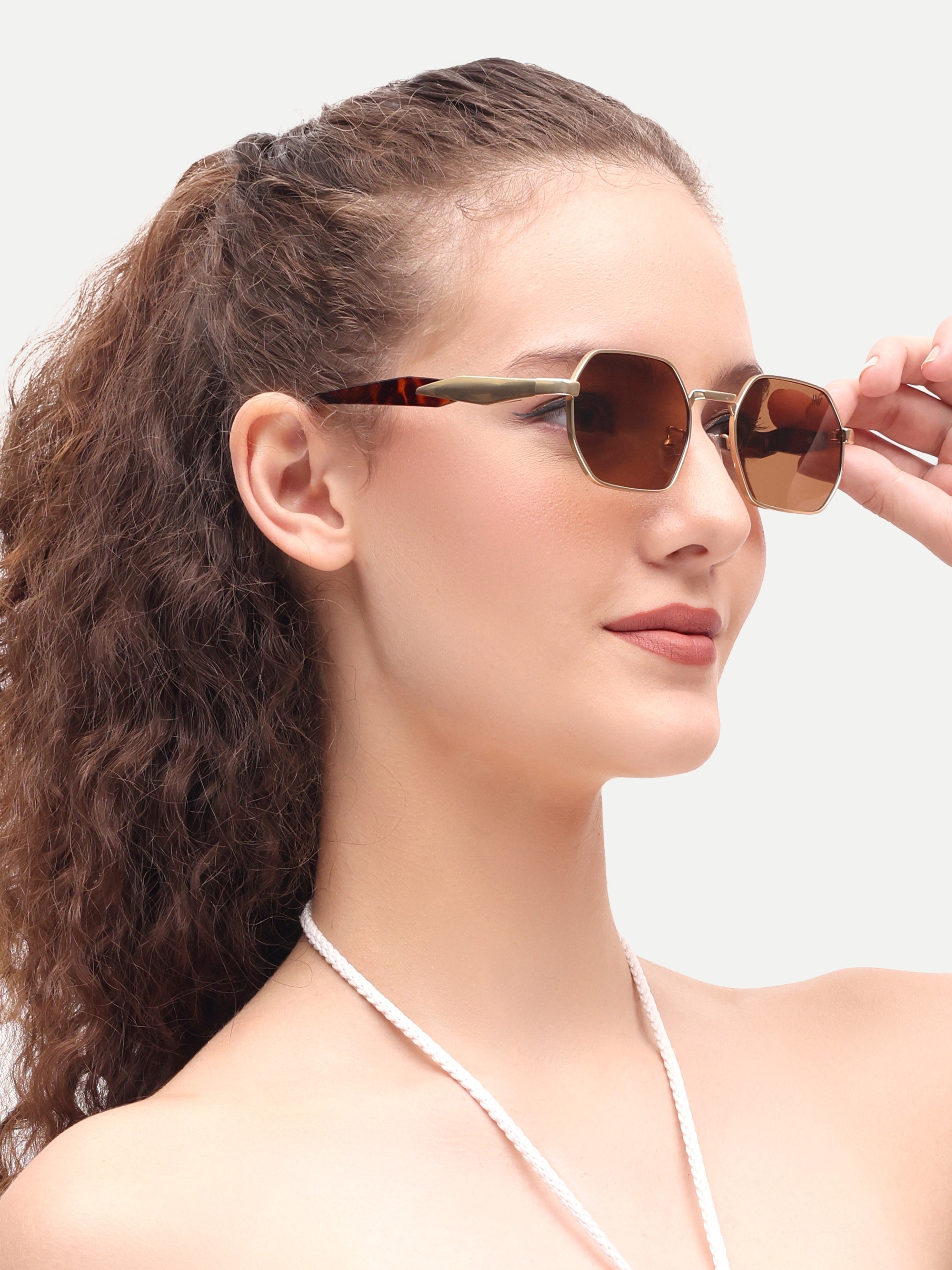 Dark Brown Women Hexagon UV Protected Sunglasses