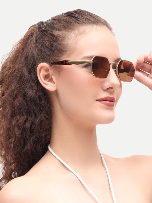Dark Brown Women Hexagon UV Protected Sunglasses