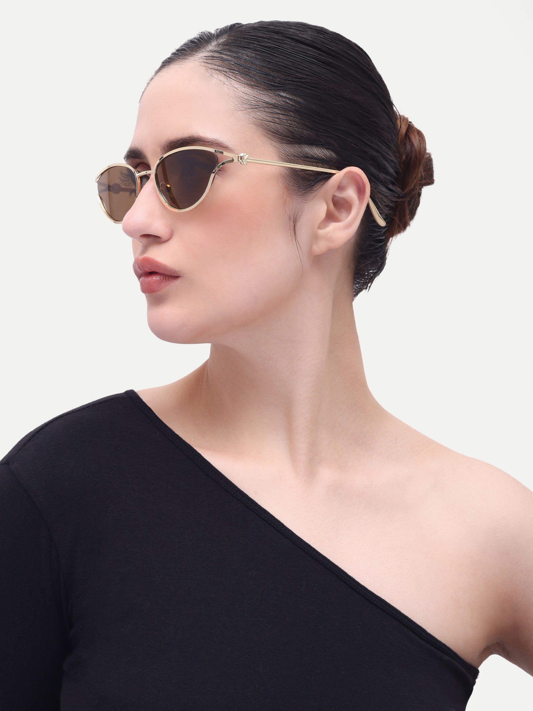 Women's Gold Brown Metal Sunglasses