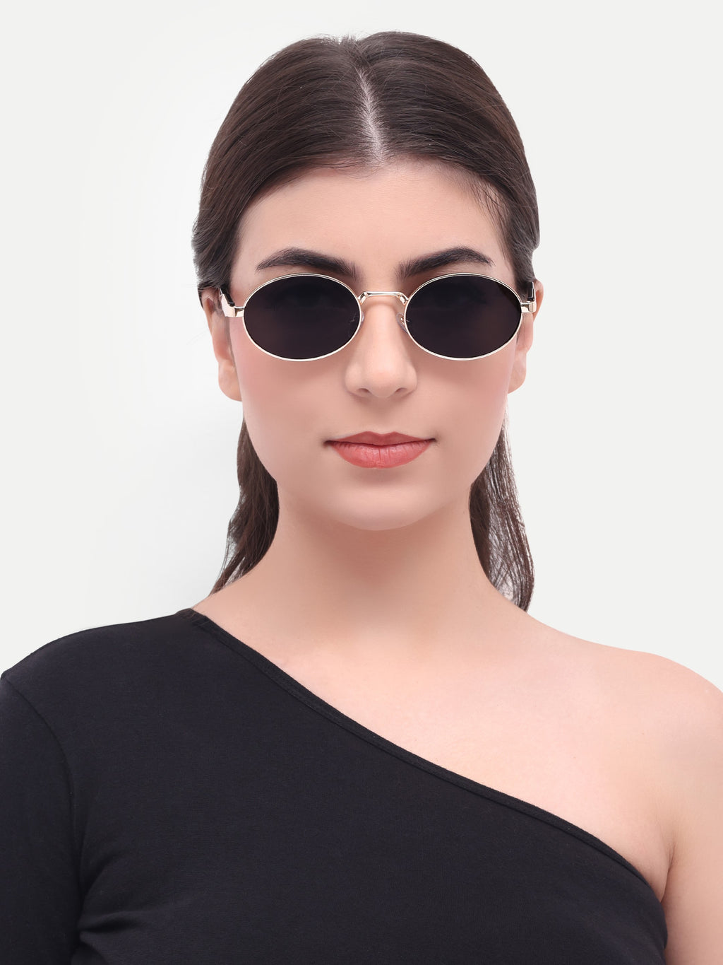 Women's Oval Golden Black UV Protected Sunglasses