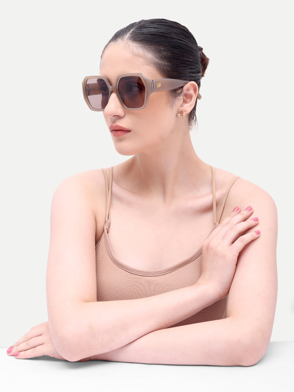 Kaira Oversized Hexagon Peach UV Protected Womens Sunglasses
