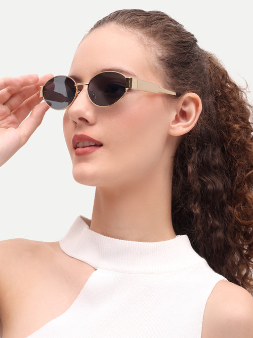 Gold Black Oval Women UV Protected Sunglasses
